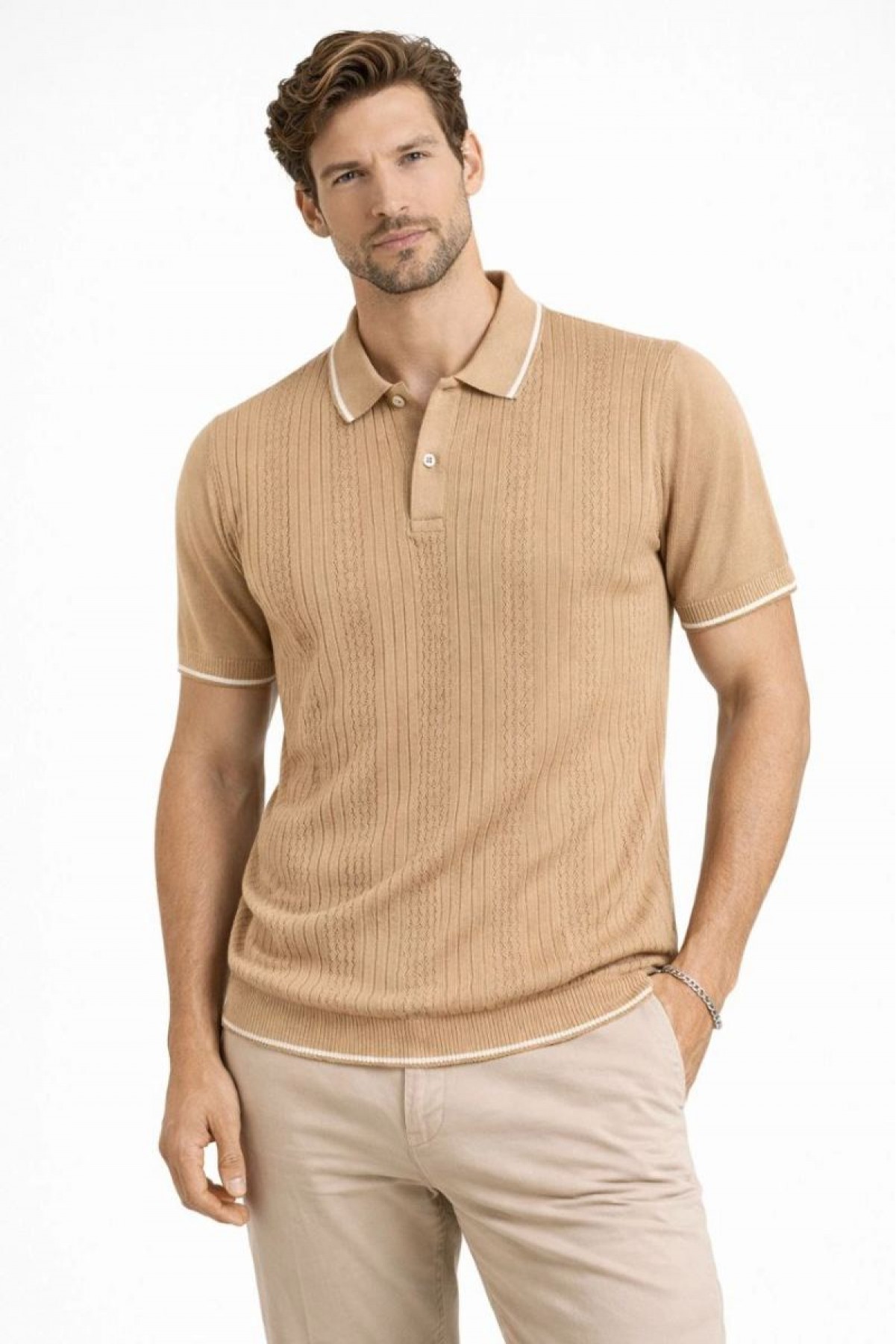 Erkek Polo Yaka Düğmeli Triko Tişört Yazlık Dokuma Regular Fit T-Shirt - Kahverengi