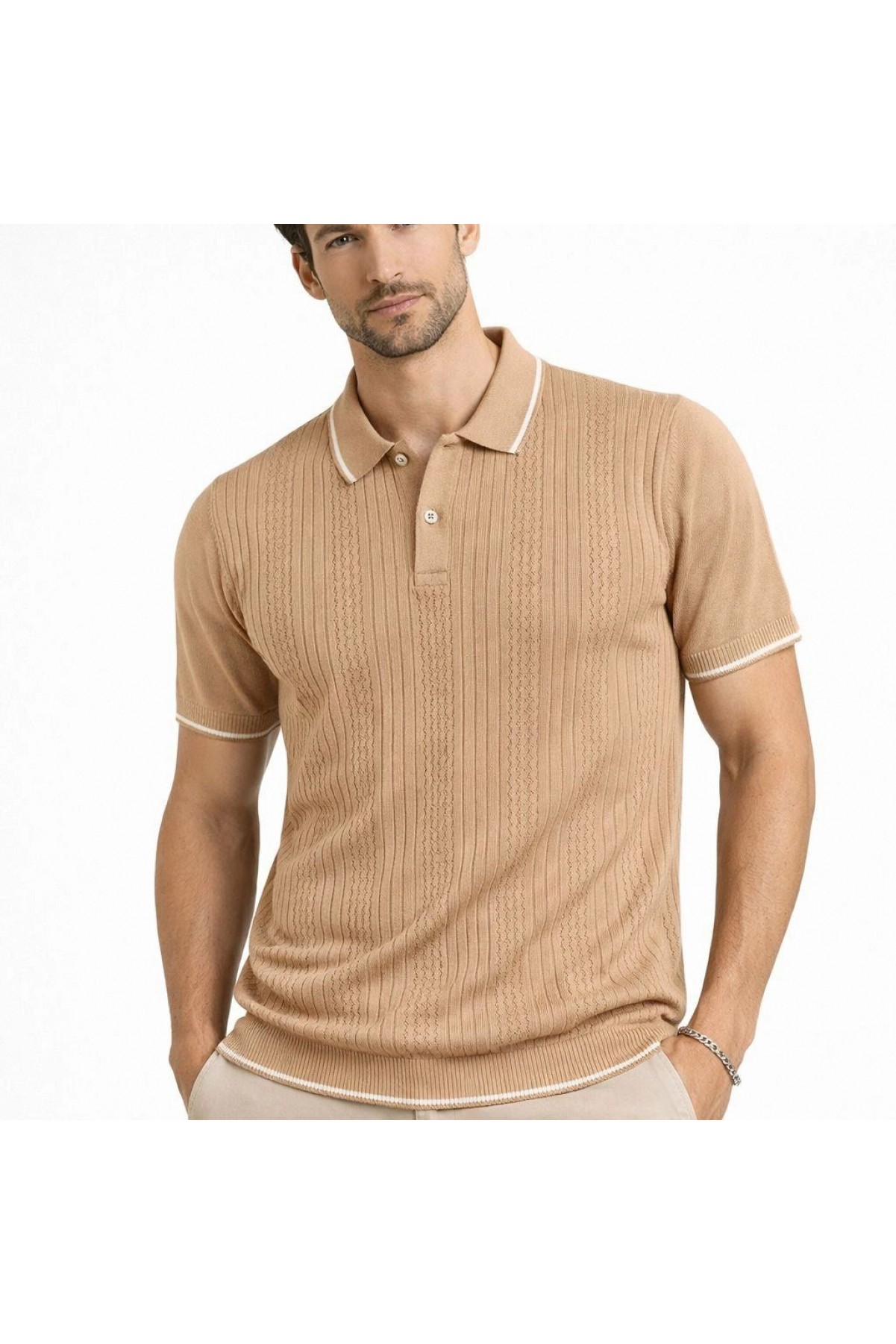 Erkek Polo Yaka Düğmeli Triko Tişört Yazlık Dokuma Regular Fit T-Shirt - Kahverengi