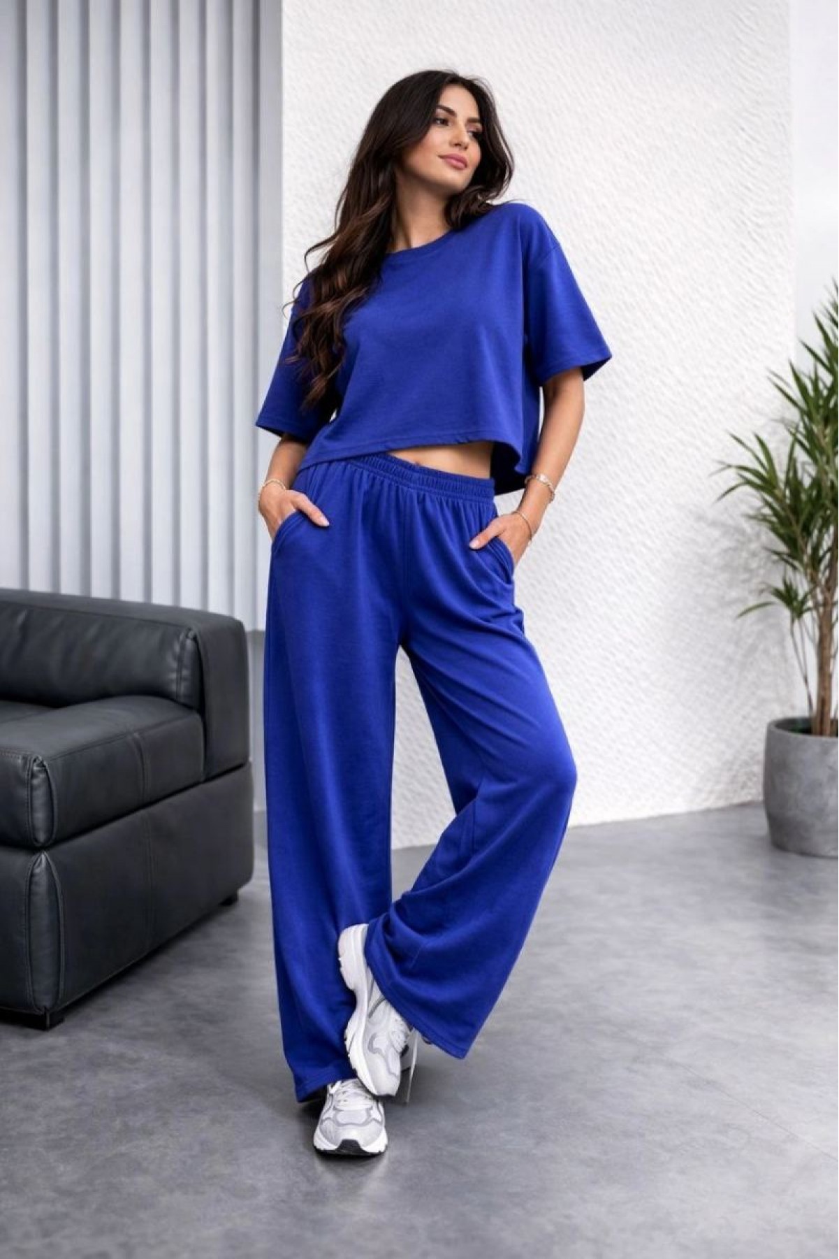 Kadın Osy Modal yumuşak dokulu Oversize İkili Bol Paça Pantolonlu Takım - Saks Mavisi