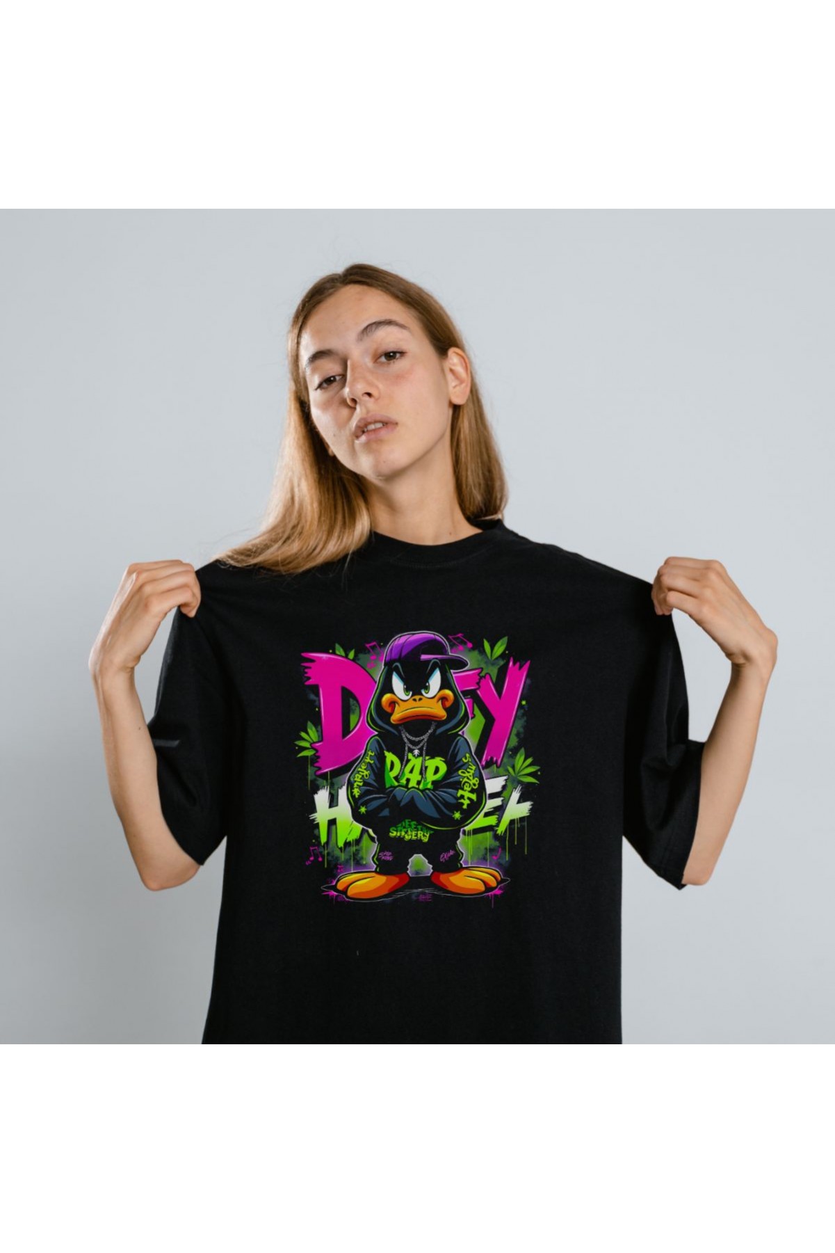 Daffy Duck Graffiti Baskılı Unisex Siyah Tişört - 24/1 Penye Pamuklu