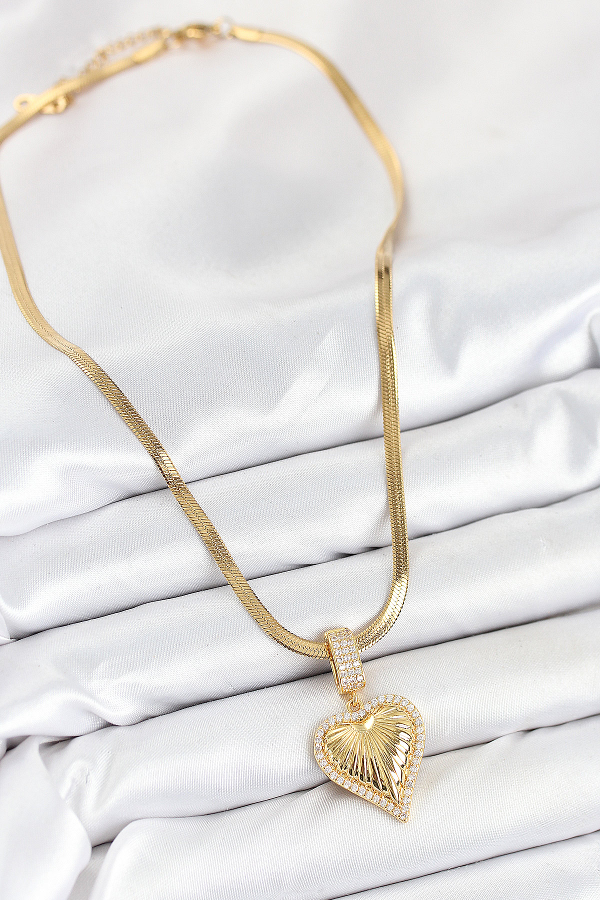 316L Çelik Zirkon Taşlı Kalp Model Gold Renk Kadın Kolye - TJ-BKO10530