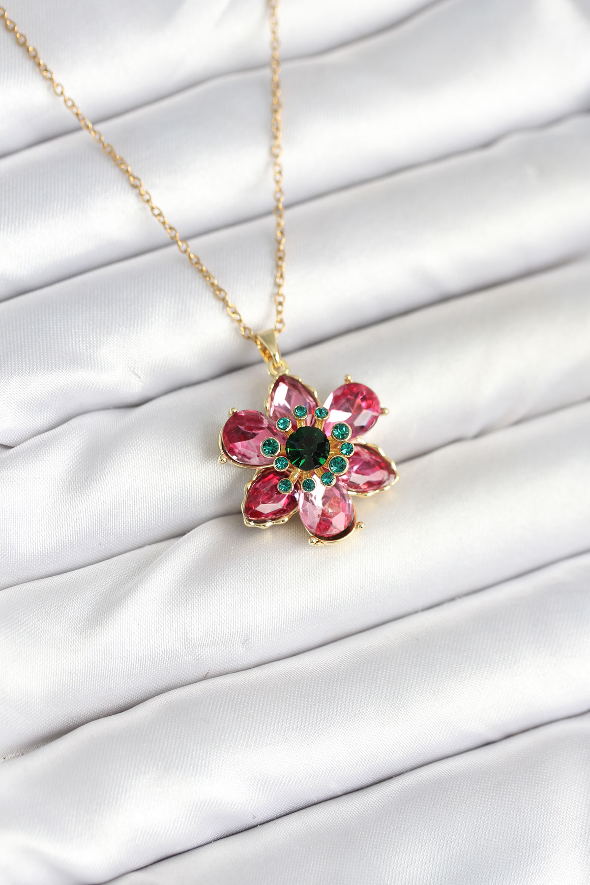 316L Çelik Zincirli Pembe Çiçek Model Kadın Kolye - TJ-BKO10597