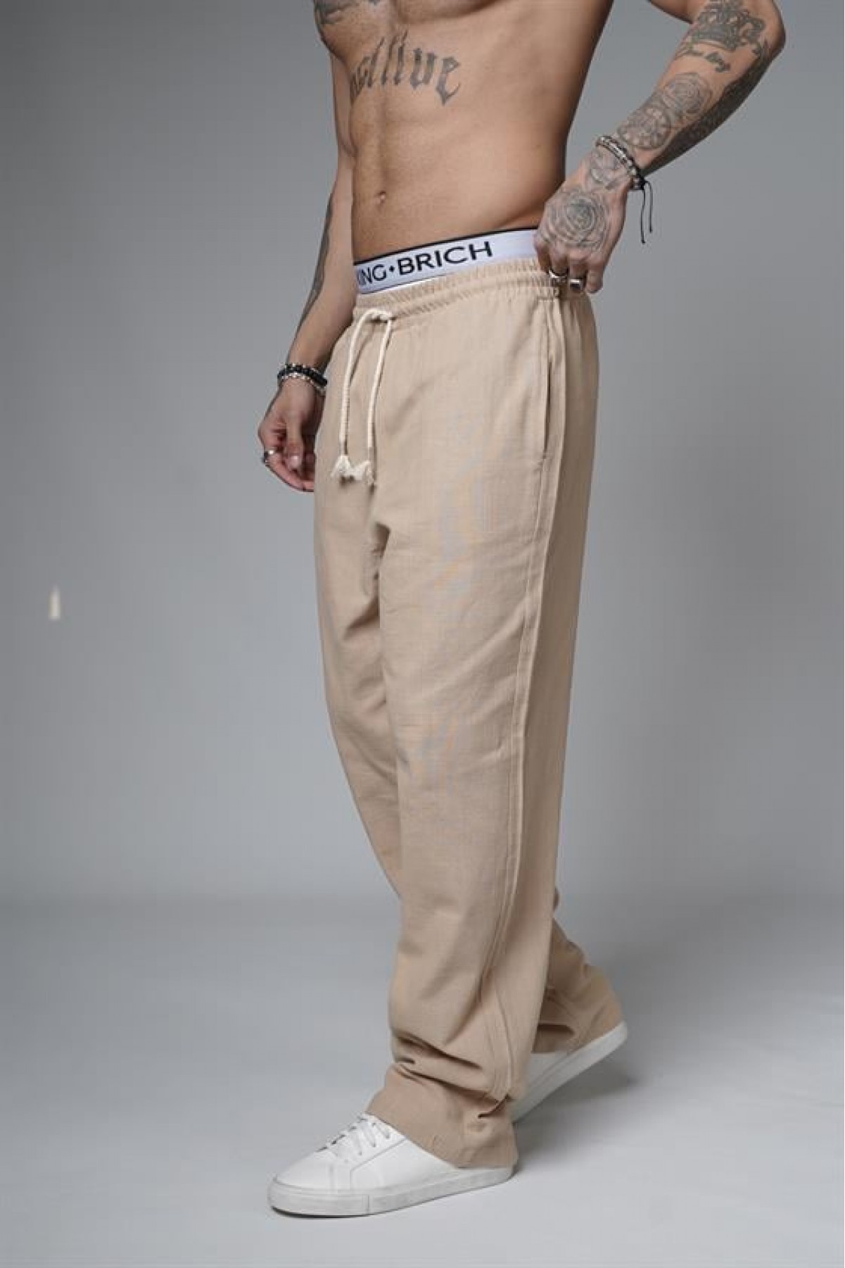 Baggy Kalıp Düz Keten Pantolon S