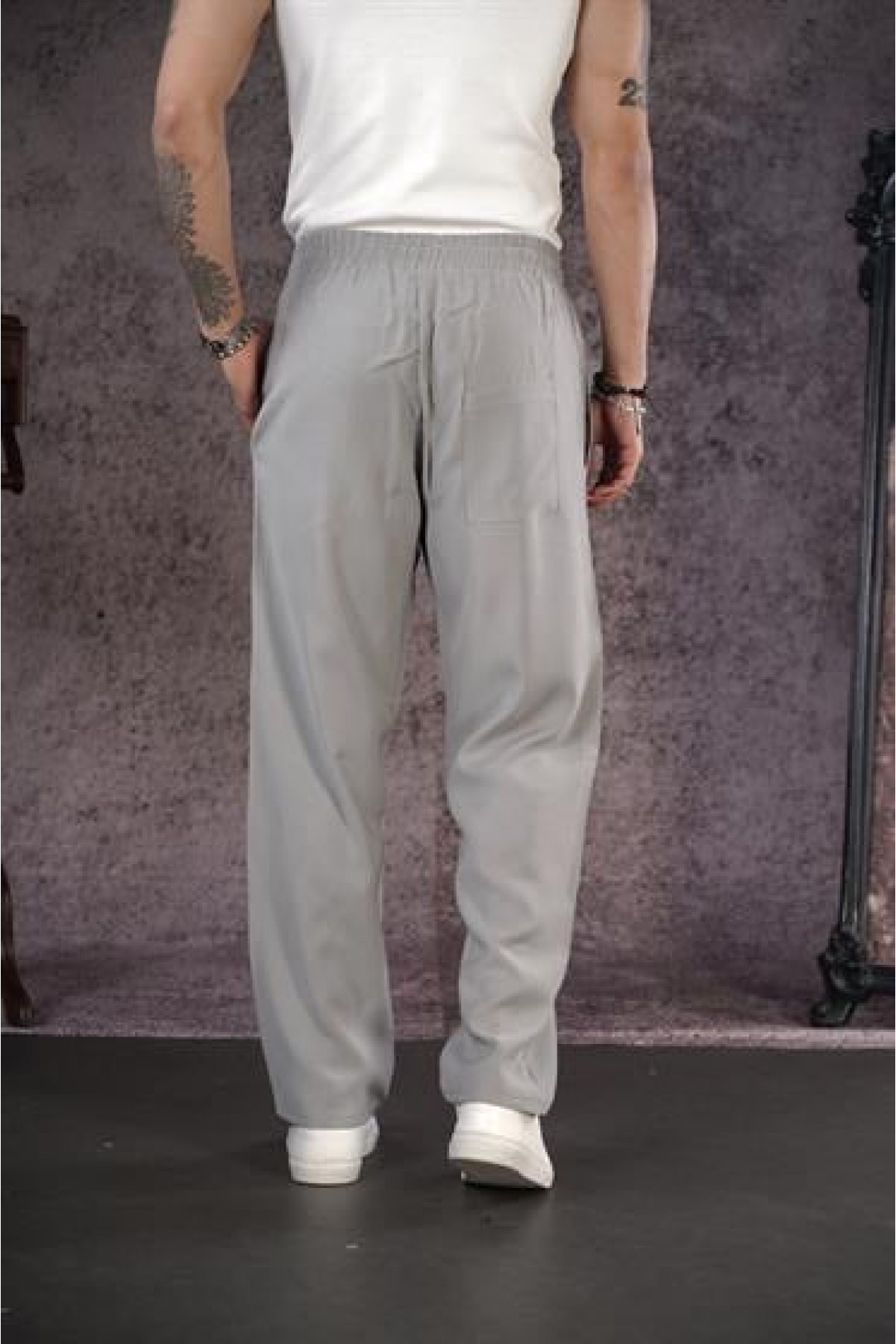 Beli Lastikli Cepli Baggy Kalıp Erkek Gri Pantolon S