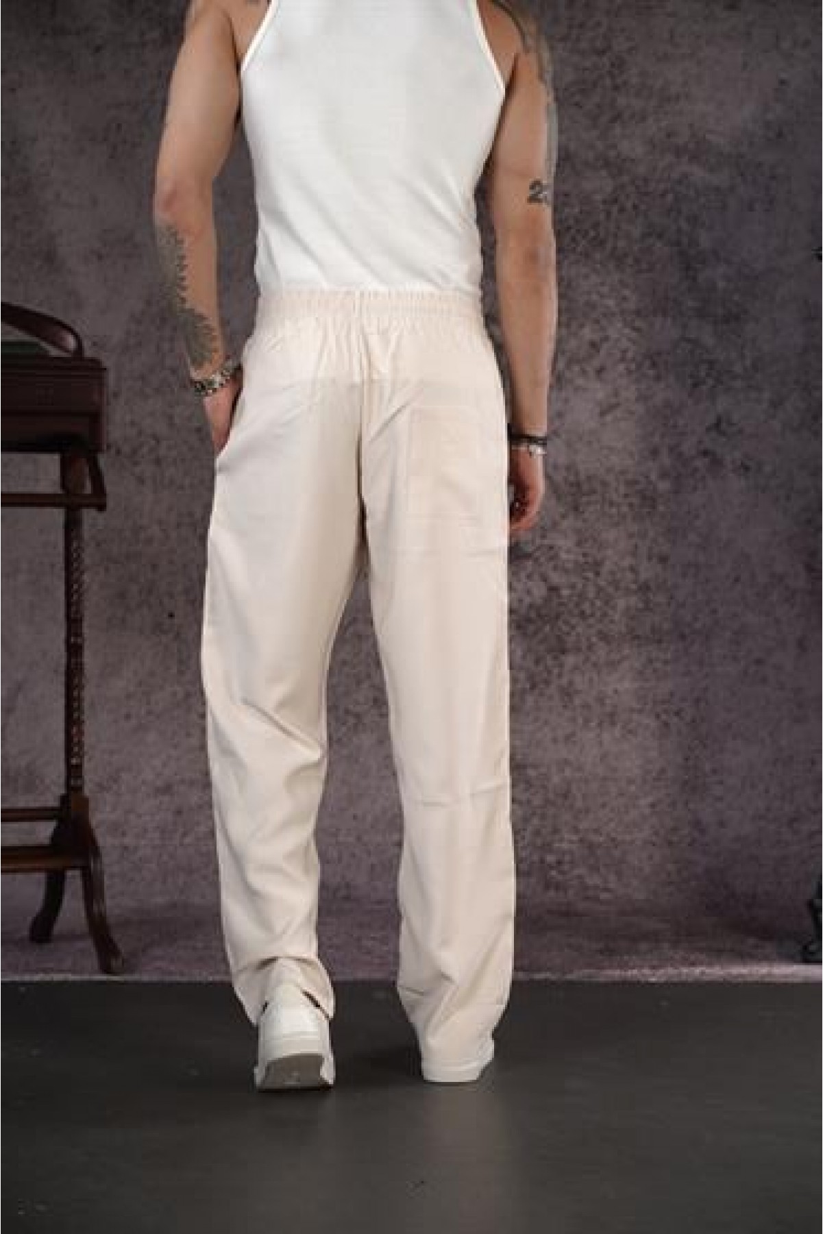 Beli Lastikli Cepli Baggy Kalıp Erkek Bej  Pantolon S
