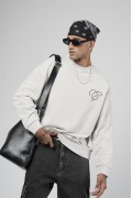 Bisiklet Yaka Baskılı Nakış Detaylı Erkek Sweatshirt S