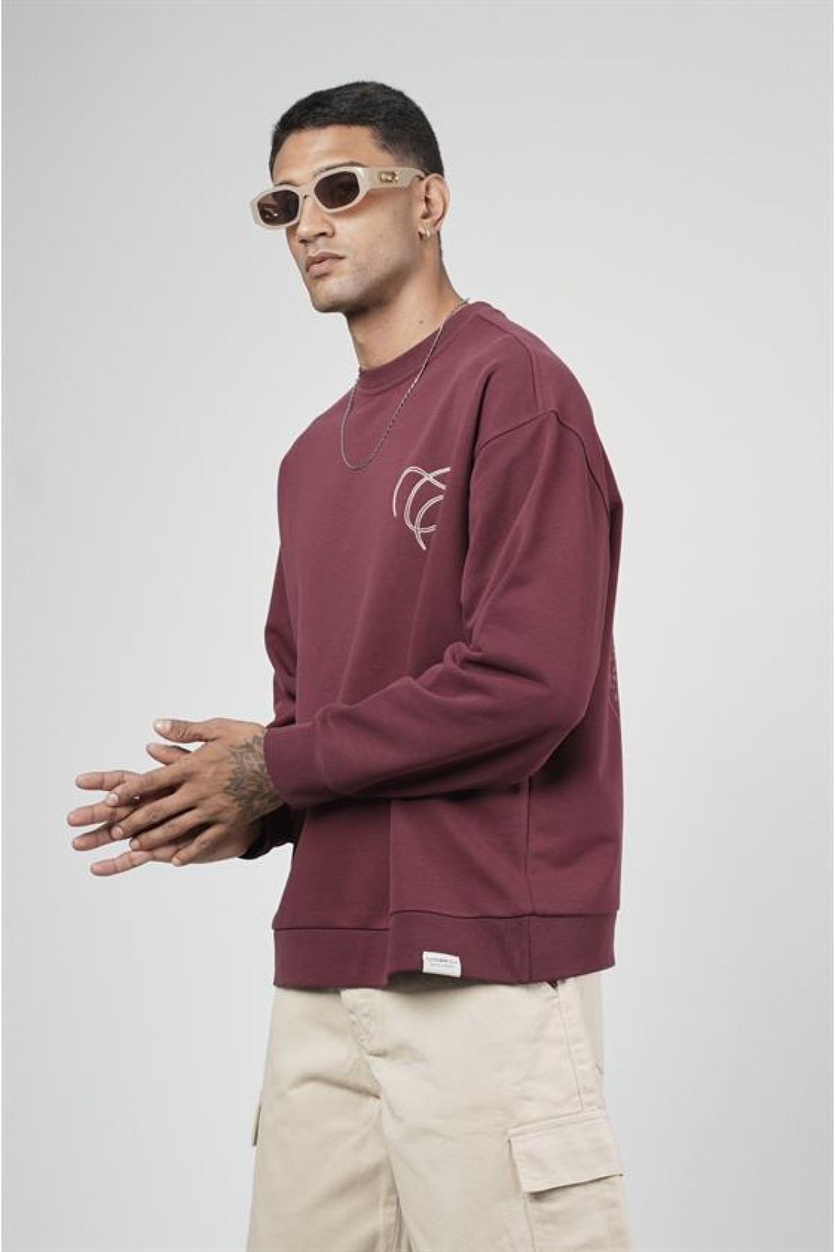 Bisiklet Yaka Baskılı Nakış Detaylı Erkek Sweatshirt S