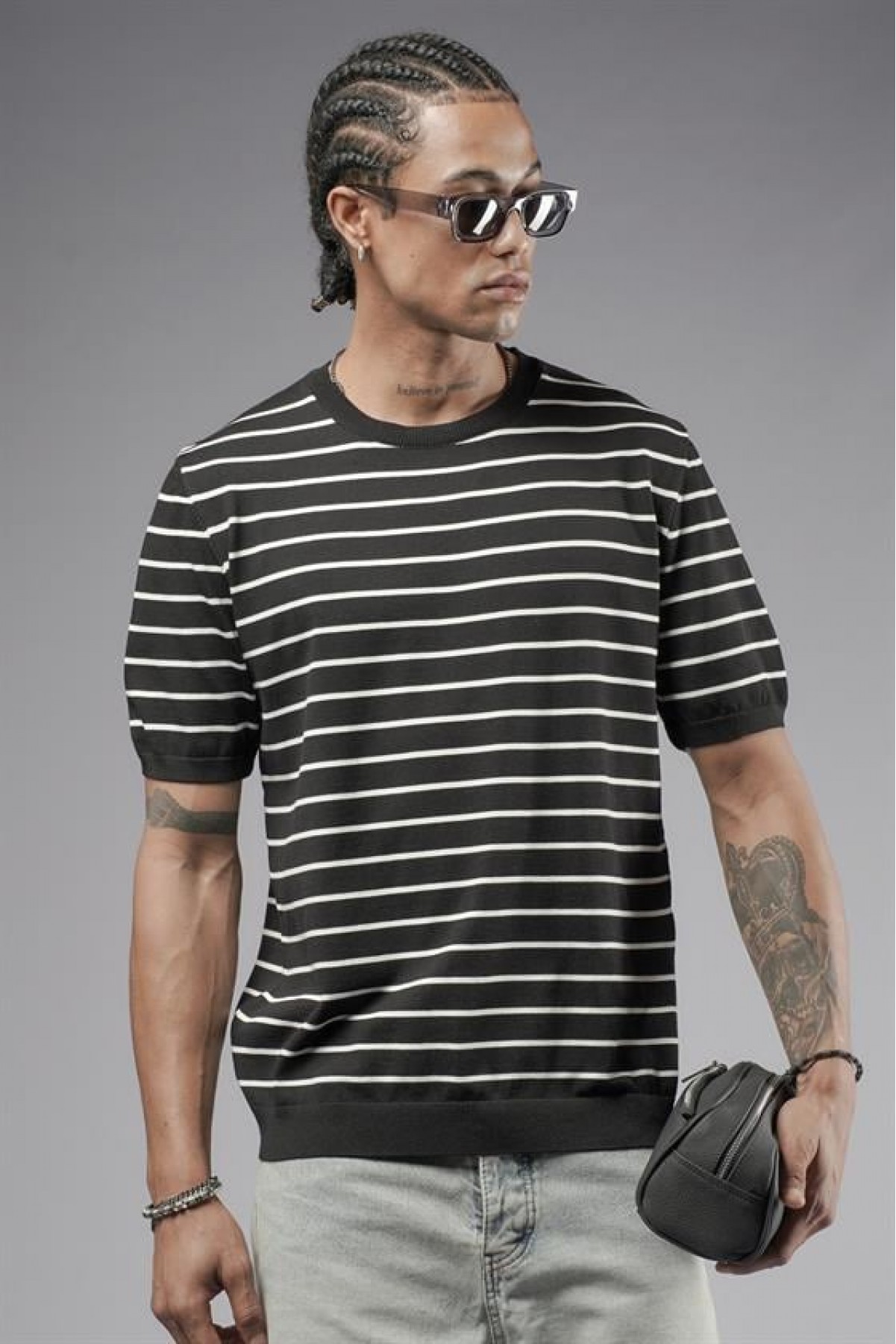 Bisiklet Yaka Çizgili Regular Kalıp Erkek Triko Tişört S