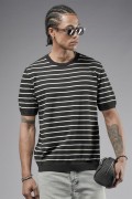 Bisiklet Yaka Çizgili Regular Kalıp Erkek Triko Tişört S