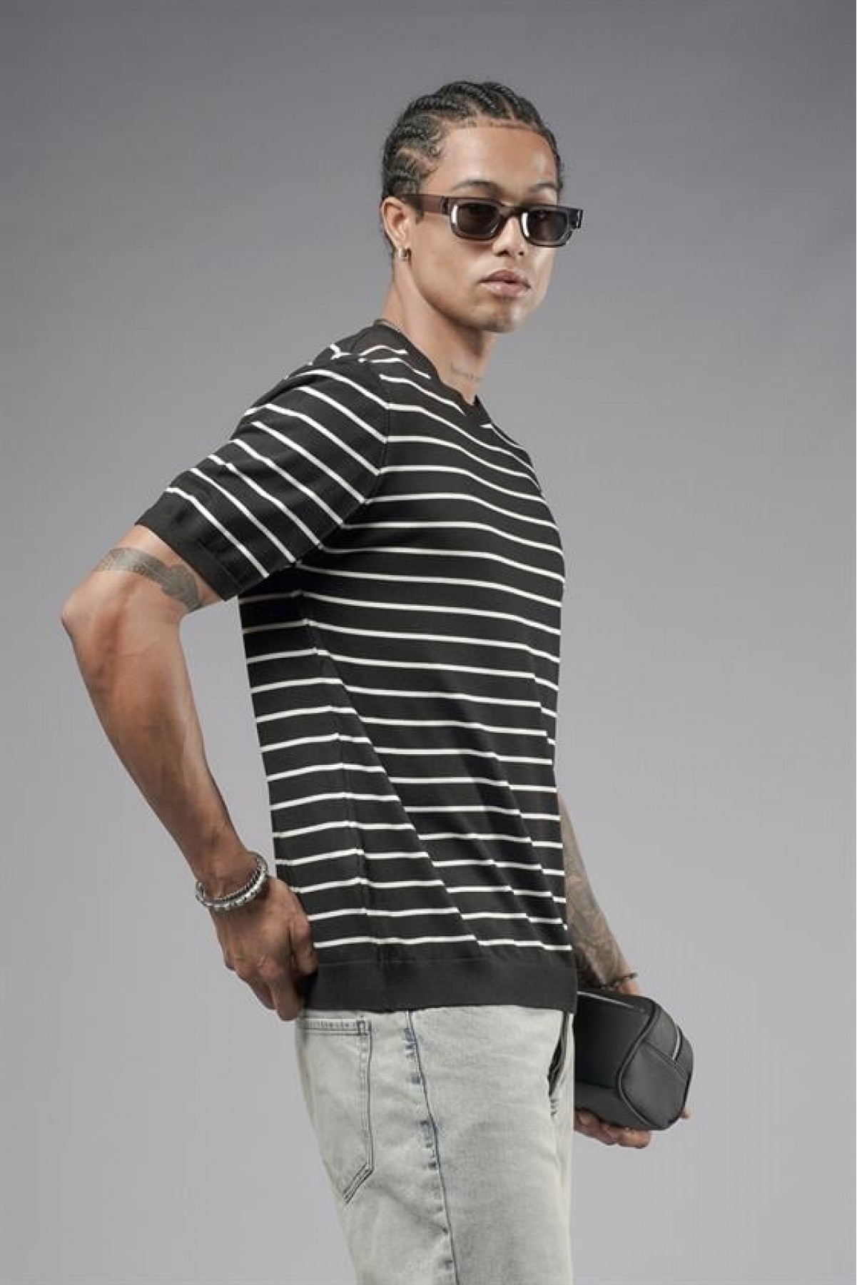 Bisiklet Yaka Çizgili Regular Kalıp Erkek Triko Tişört S