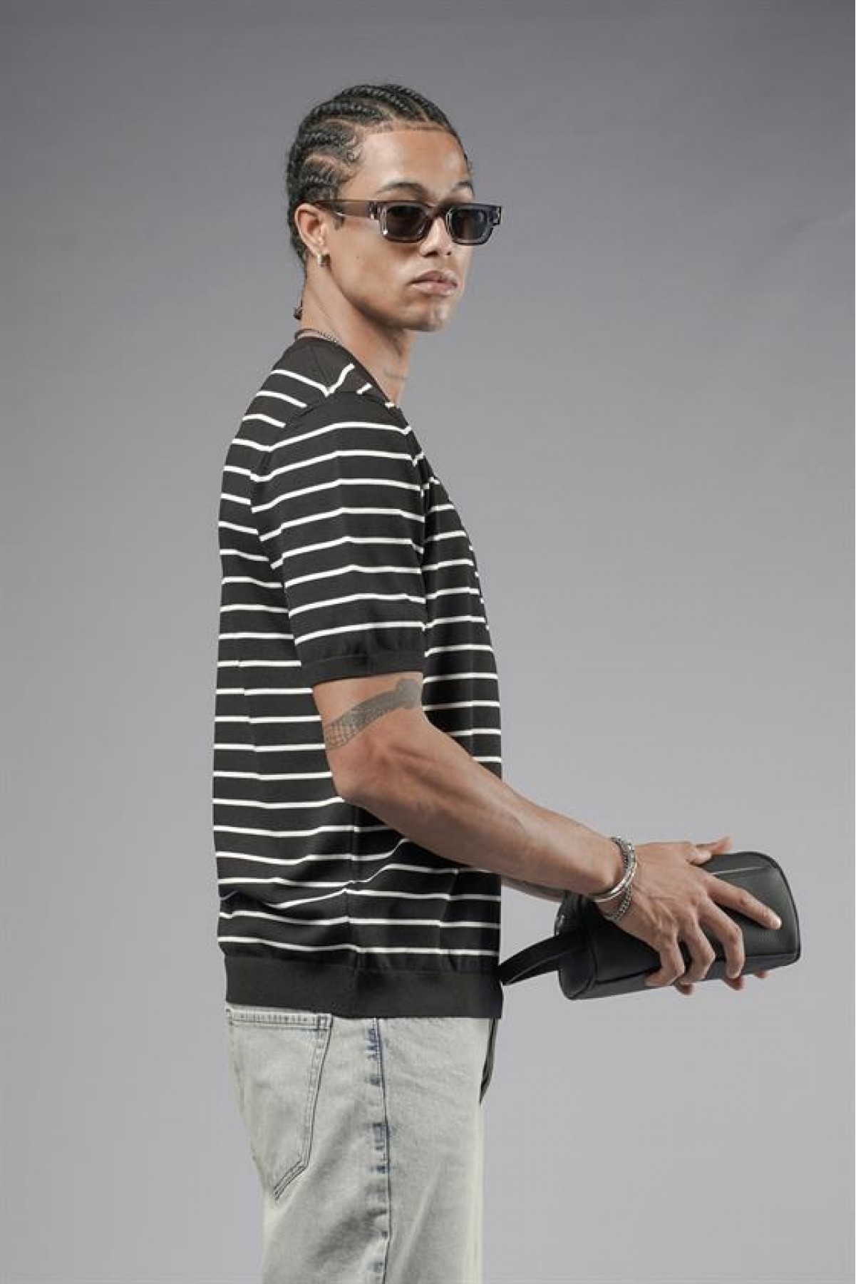 Bisiklet Yaka Çizgili Regular Kalıp Erkek Triko Tişört S