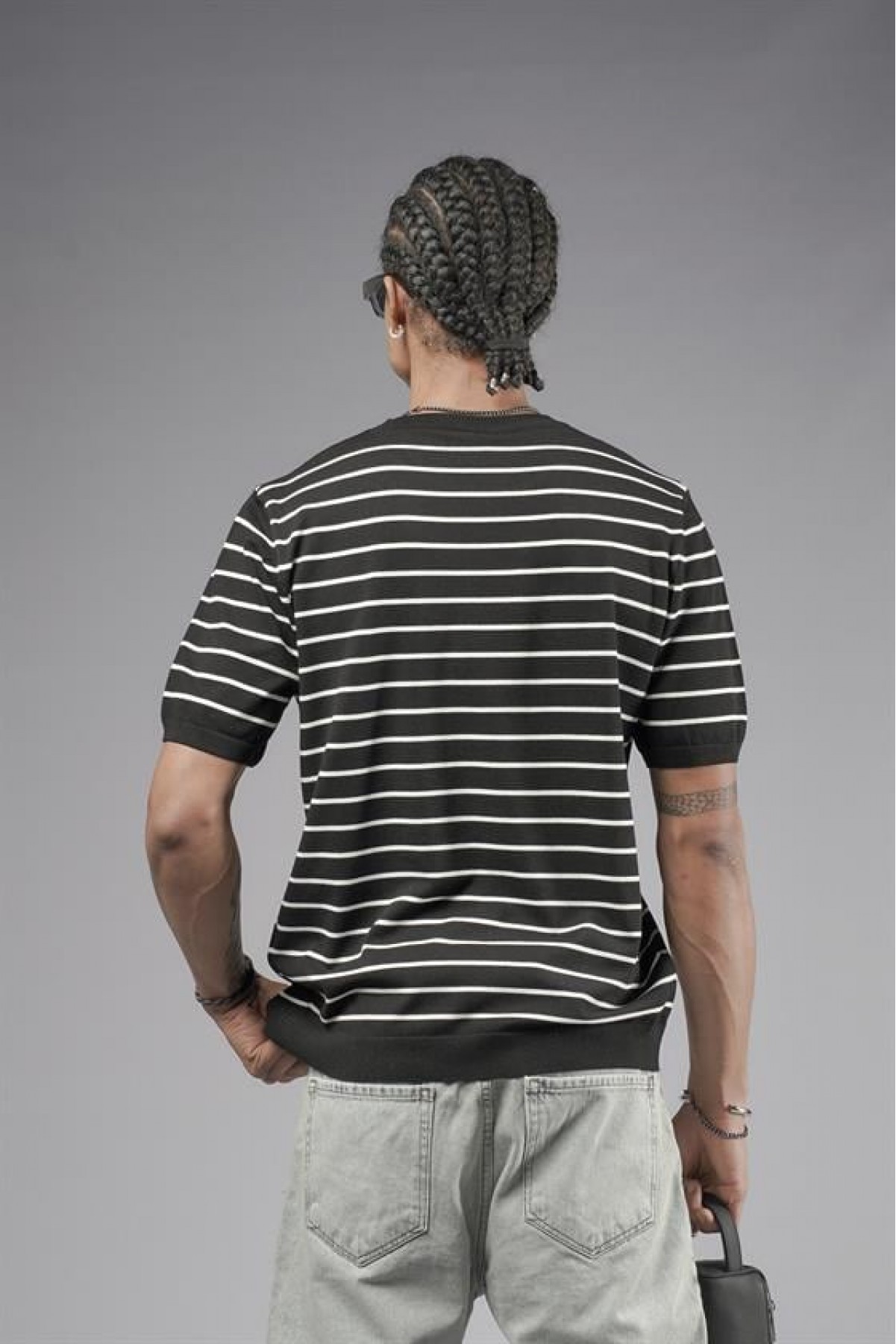 Bisiklet Yaka Çizgili Regular Kalıp Erkek Triko Tişört S
