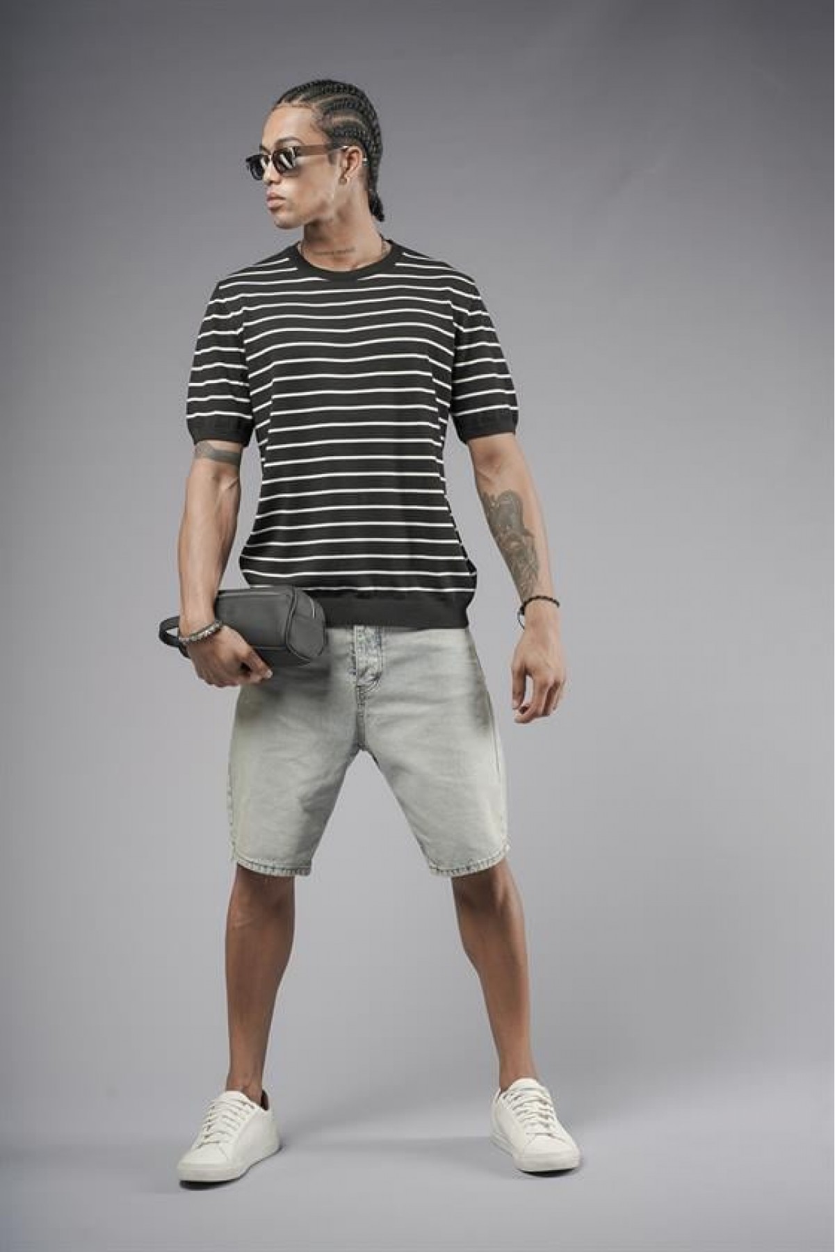 Bisiklet Yaka Çizgili Regular Kalıp Erkek Triko Tişört S