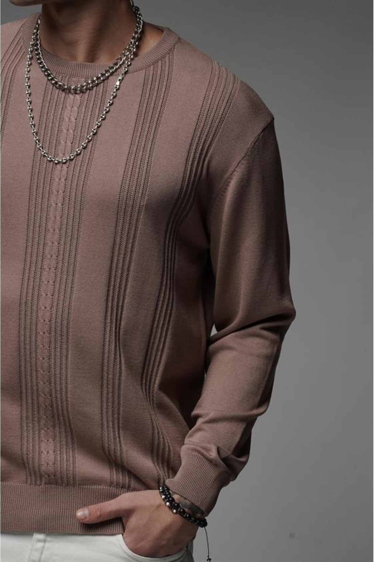 Bisiklet Yaka Fitilli Oversize Kalıp Triko Kazak  S