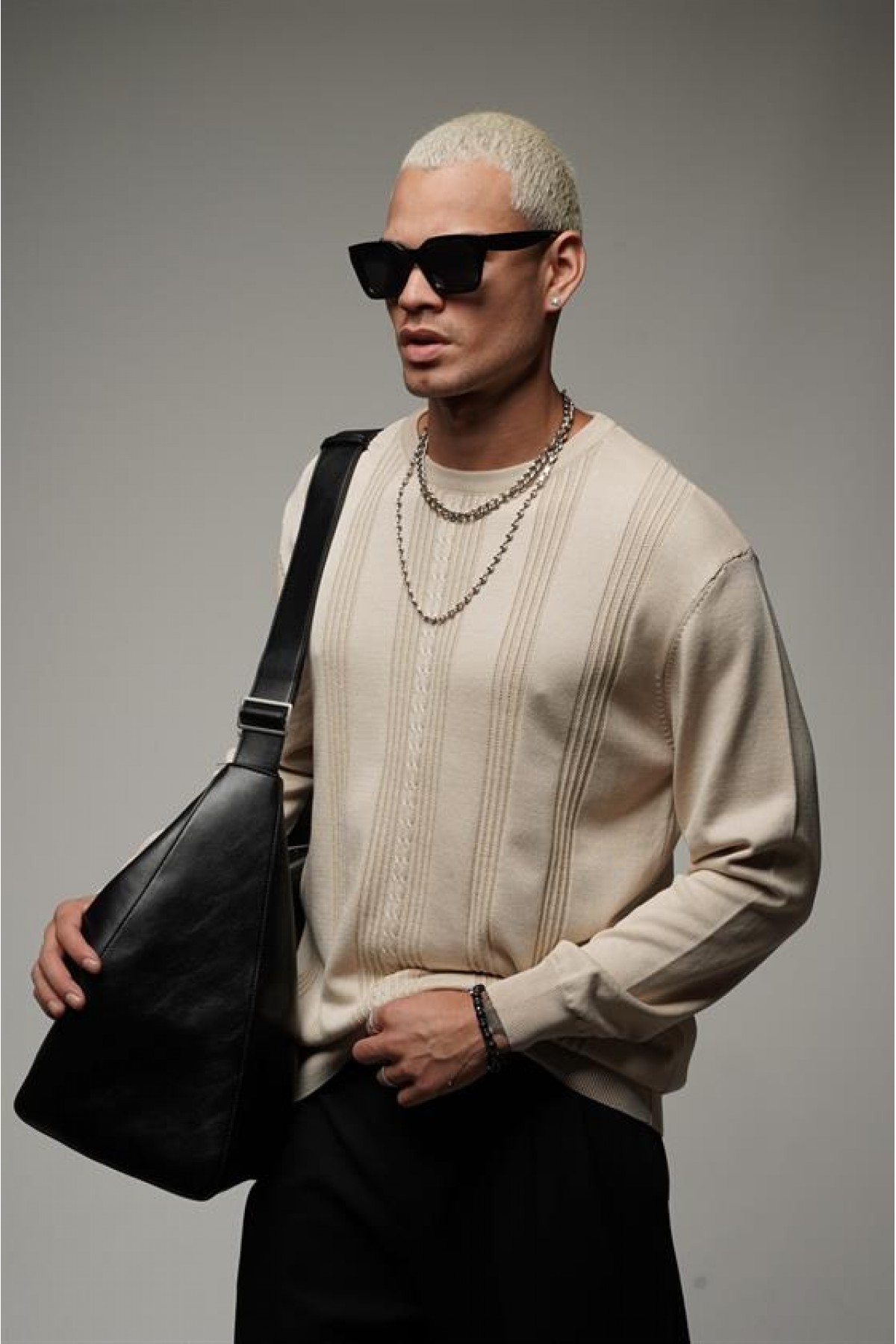 Bisiklet Yaka Fitilli Oversize Kalıp Triko Kazak  S