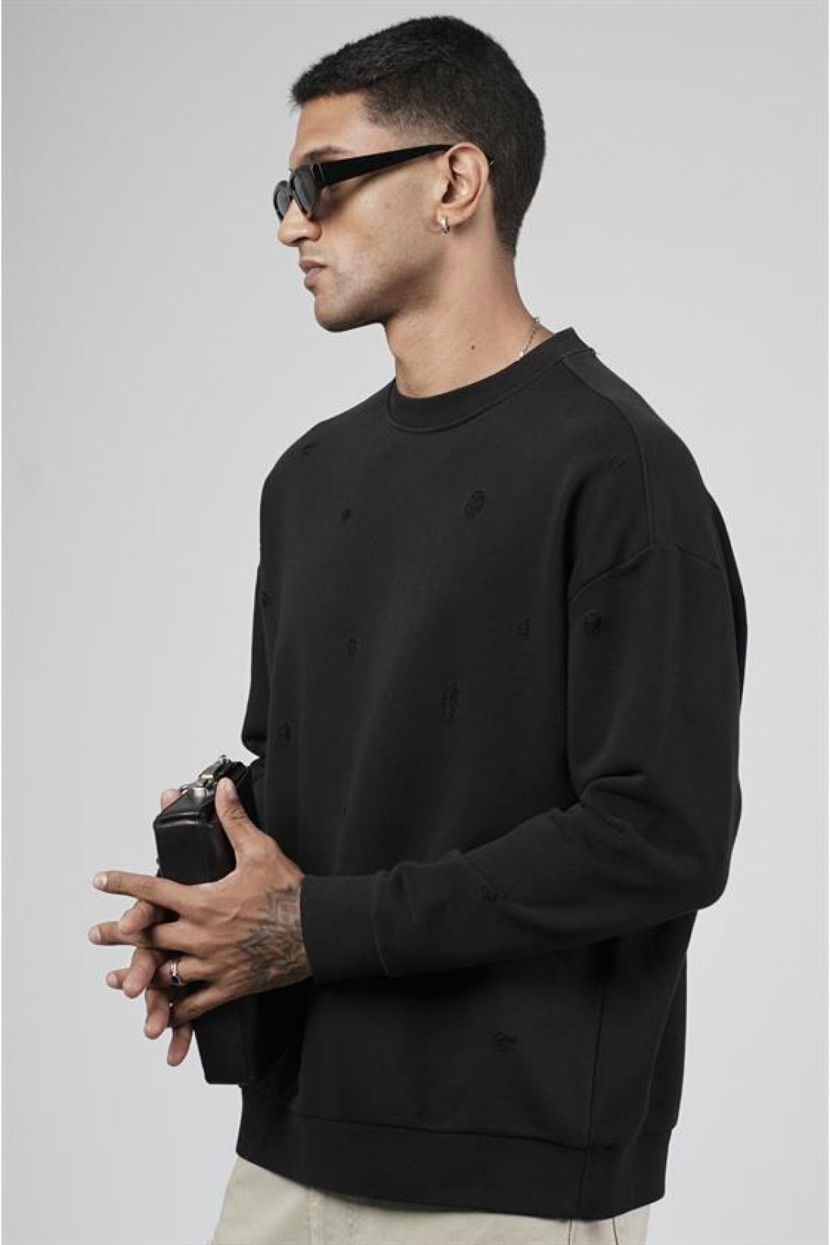 Bisiklet Yaka Lazerli Oversize Kalıp Erkek Sweatshirt S