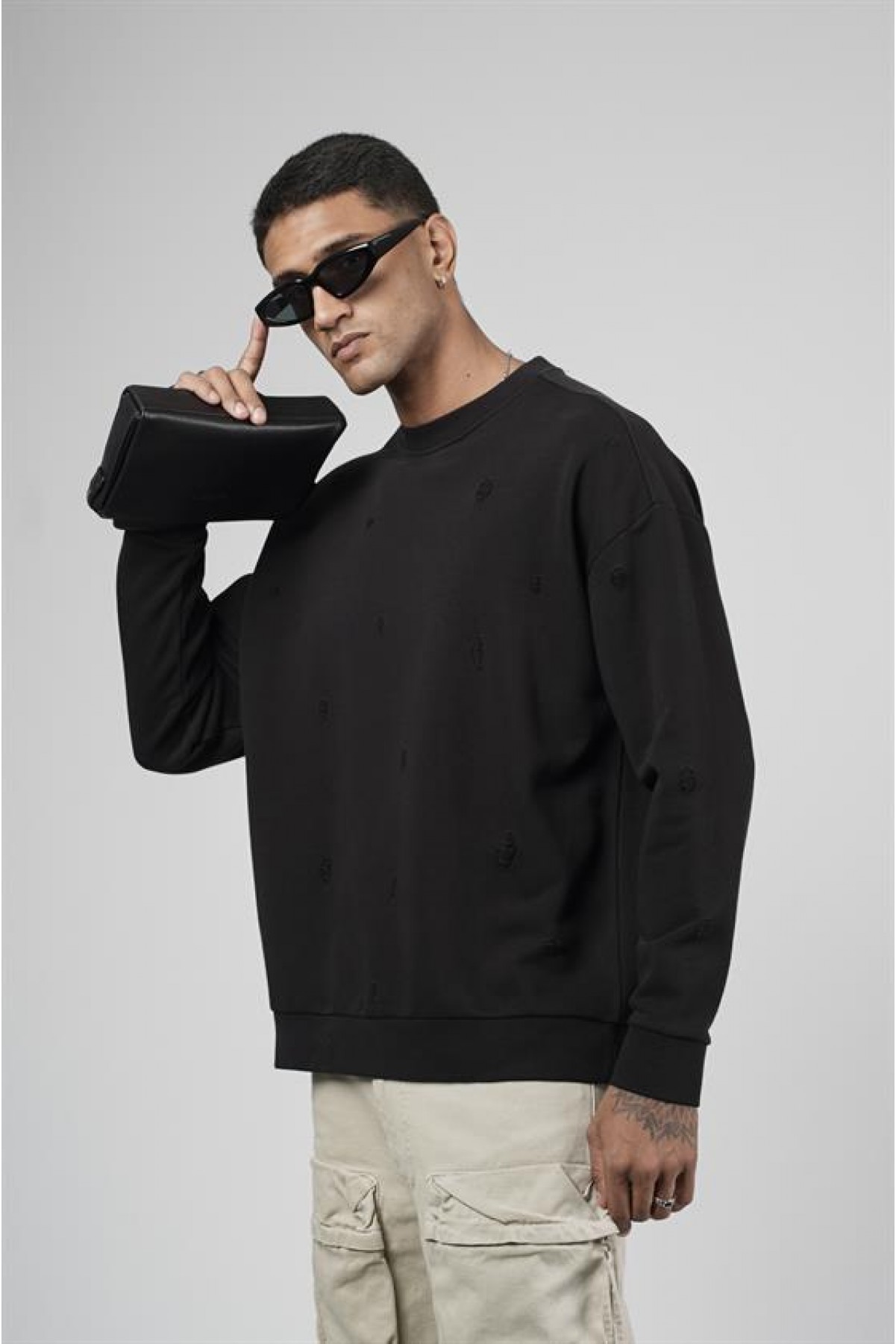 Bisiklet Yaka Lazerli Oversize Kalıp Erkek Sweatshirt S