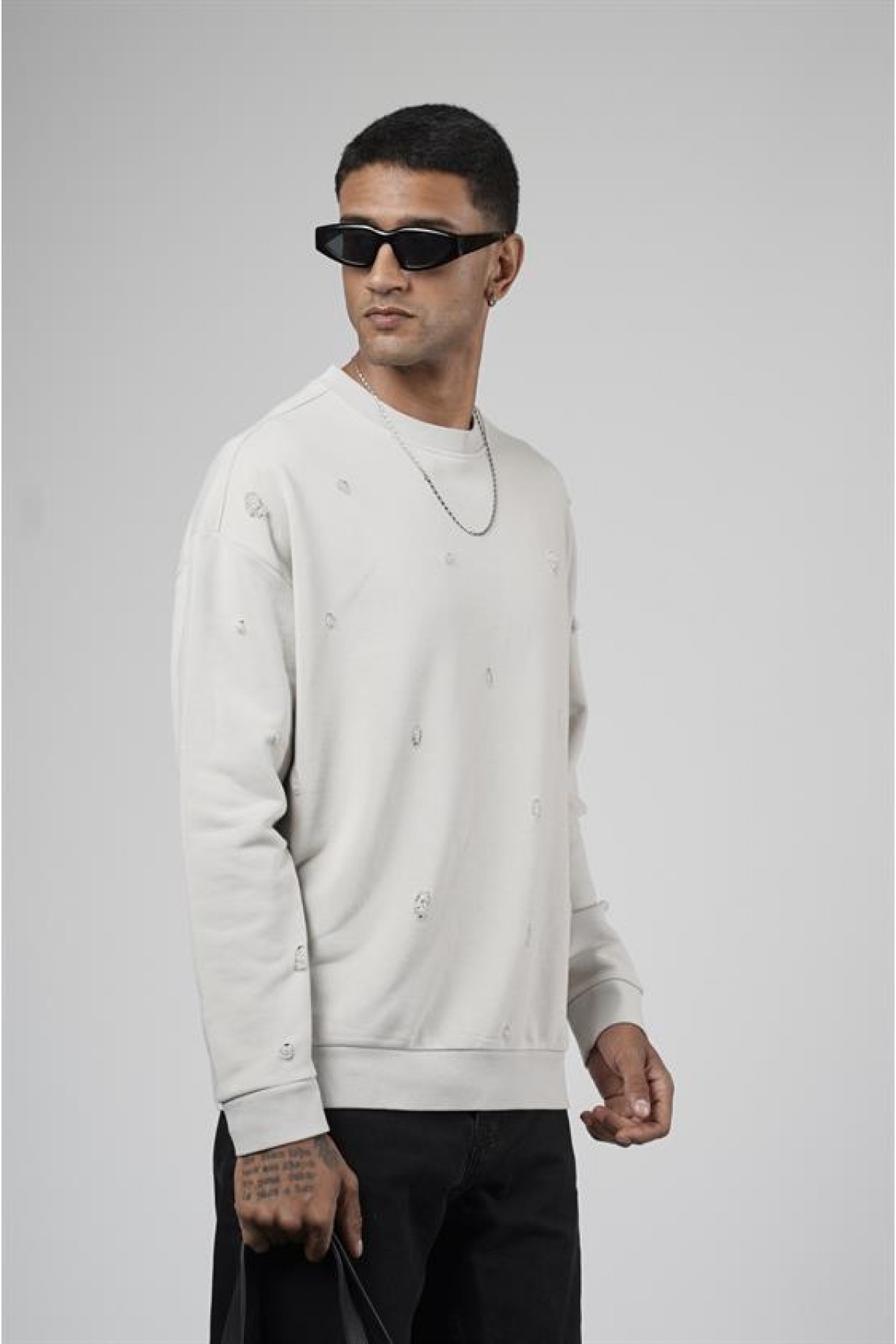 Bisiklet Yaka Lazerli Oversize Kalıp Erkek Sweatshirt S