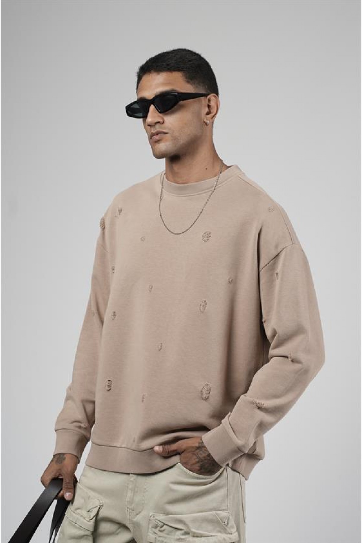 Bisiklet Yaka Lazerli Oversize Kalıp Erkek Sweatshirt S