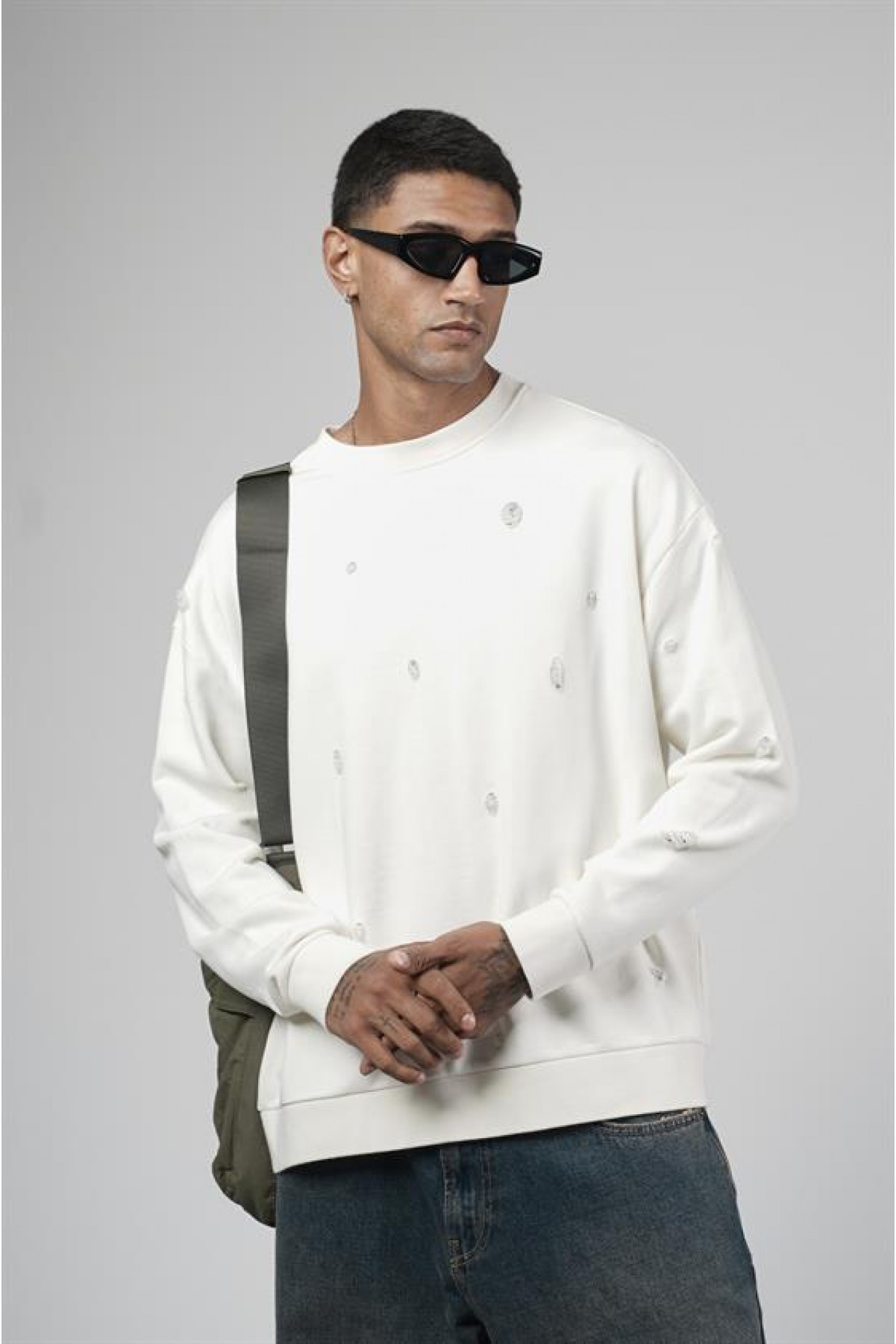 Bisiklet Yaka Lazerli Oversize Kalıp Erkek Sweatshirt S