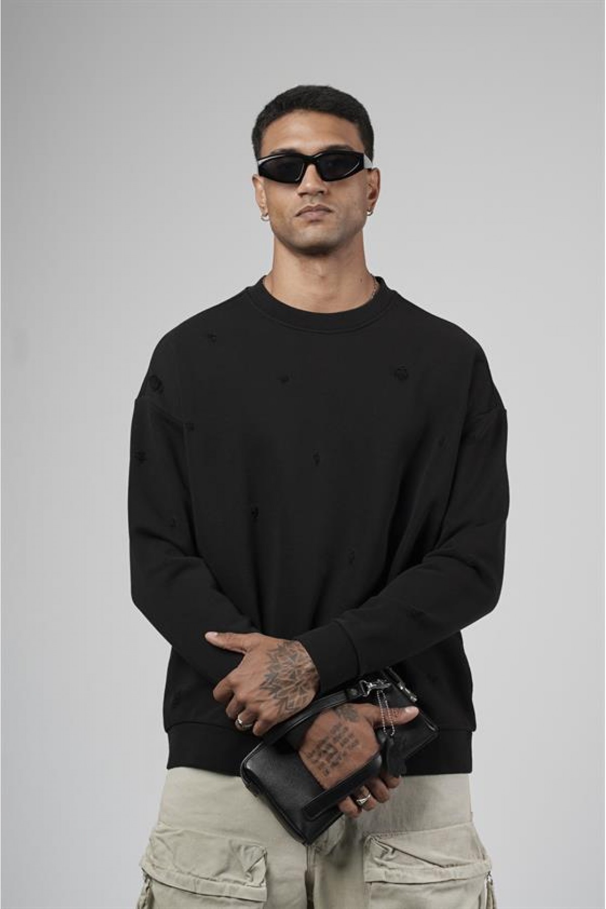 Bisiklet Yaka Lazerli Oversize Kalıp Erkek Sweatshirt S
