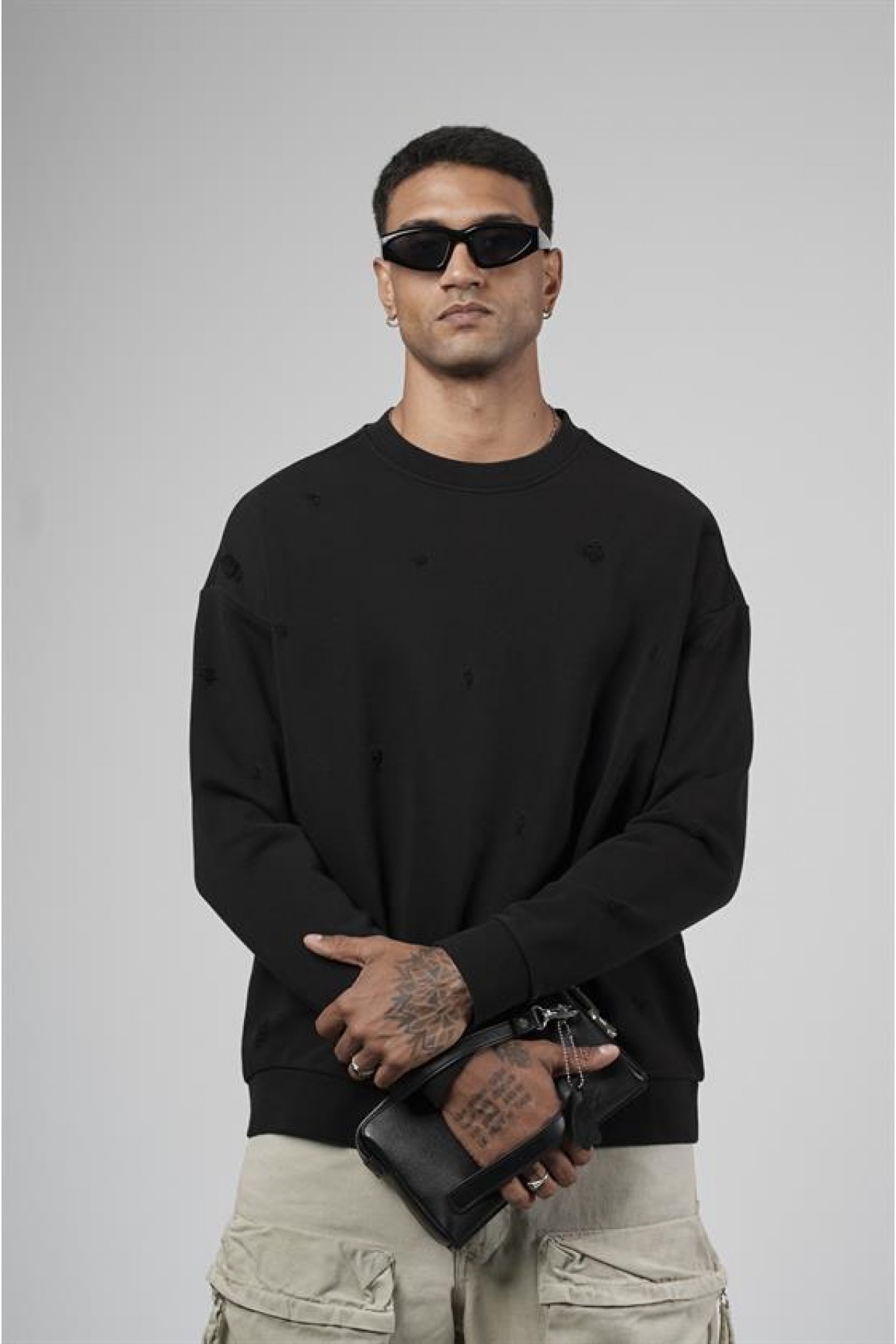 Bisiklet Yaka Lazerli Oversize Kalıp Erkek Sweatshirt S