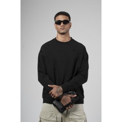 Bisiklet Yaka Lazerli Oversize Kalıp Erkek Sweatshirt S