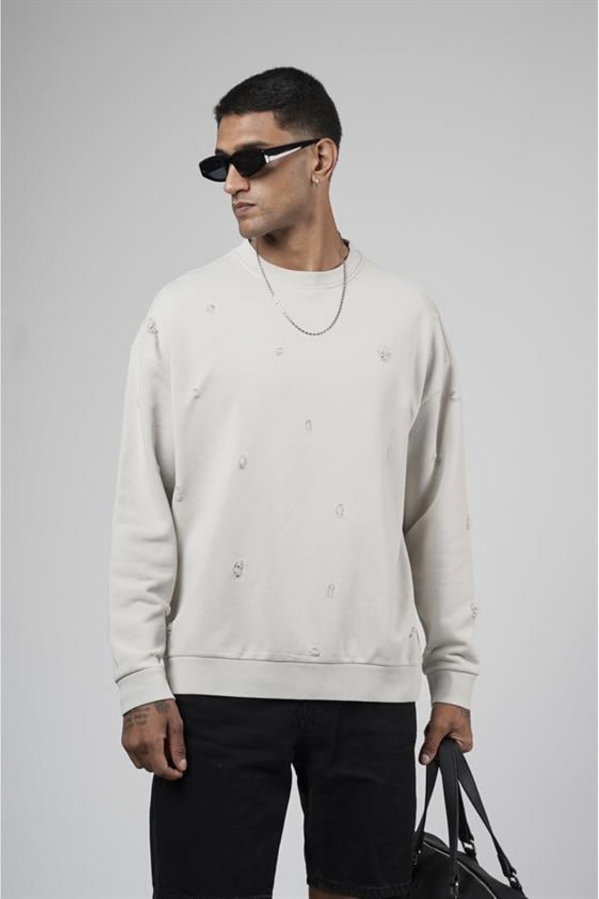 Bisiklet Yaka Lazerli Oversize Kalıp Erkek Sweatshirt S