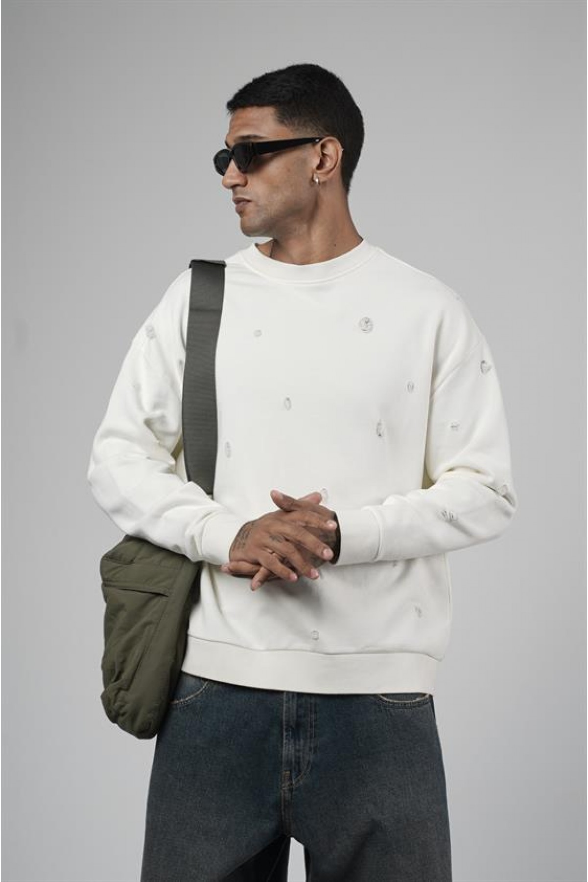 Bisiklet Yaka Lazerli Oversize Kalıp Erkek Sweatshirt S