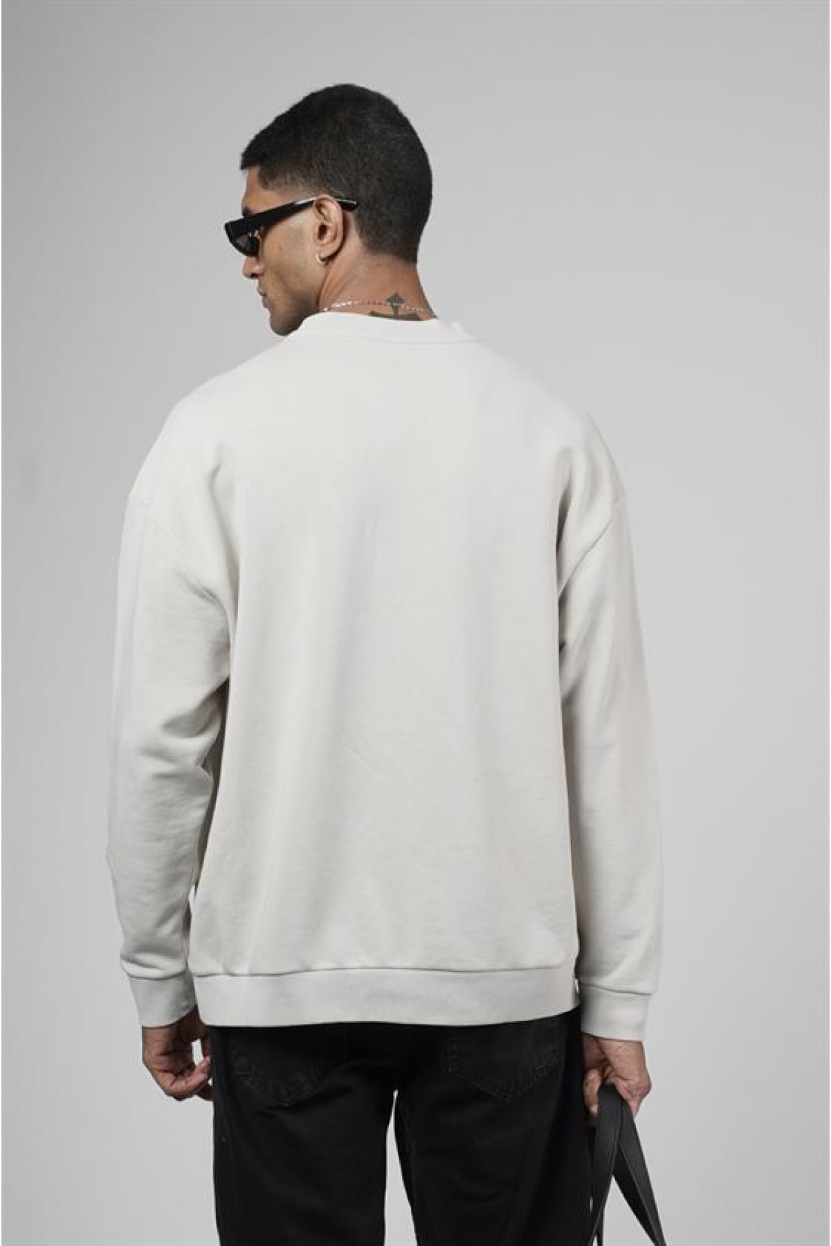 Bisiklet Yaka Lazerli Oversize Kalıp Erkek Sweatshirt S