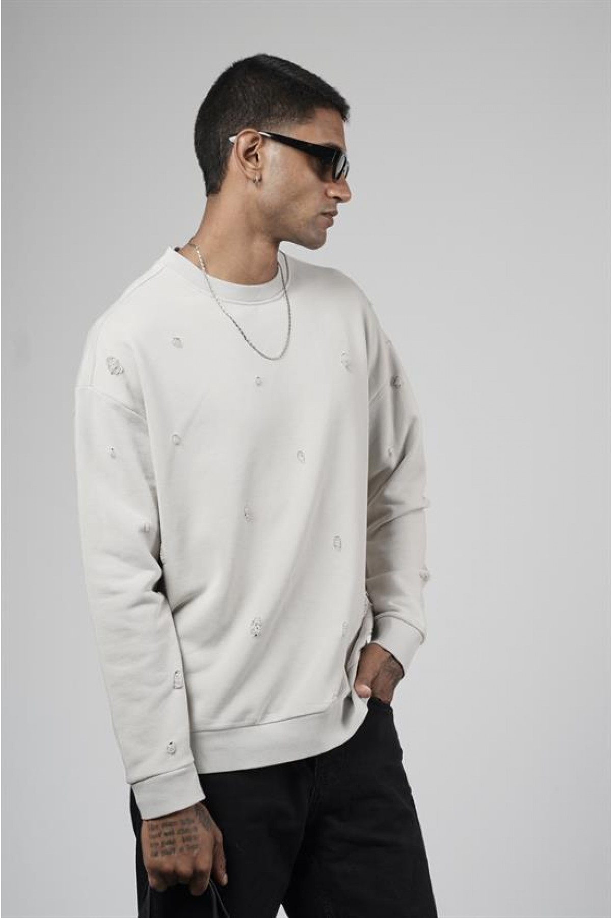 Bisiklet Yaka Lazerli Oversize Kalıp Erkek Sweatshirt S