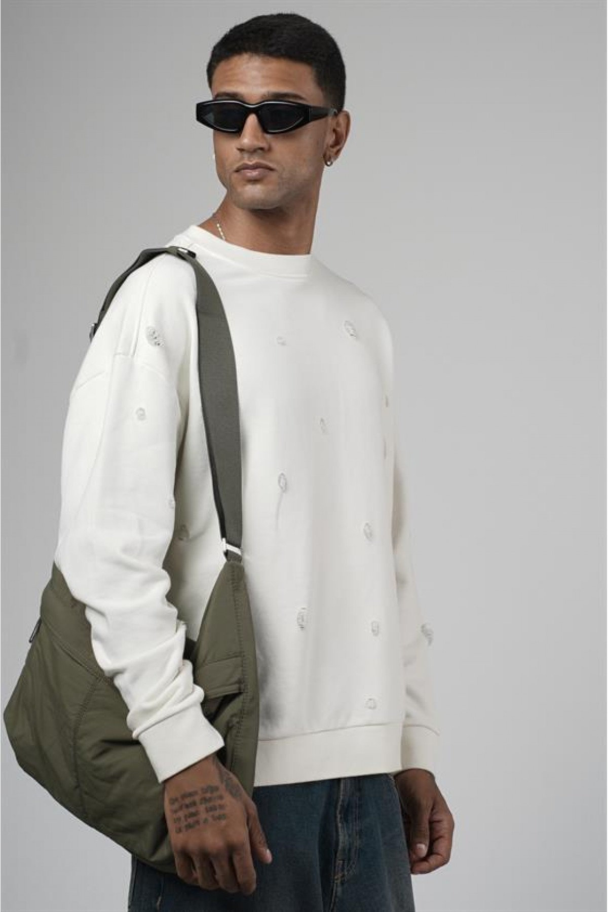 Bisiklet Yaka Lazerli Oversize Kalıp Erkek Sweatshirt S