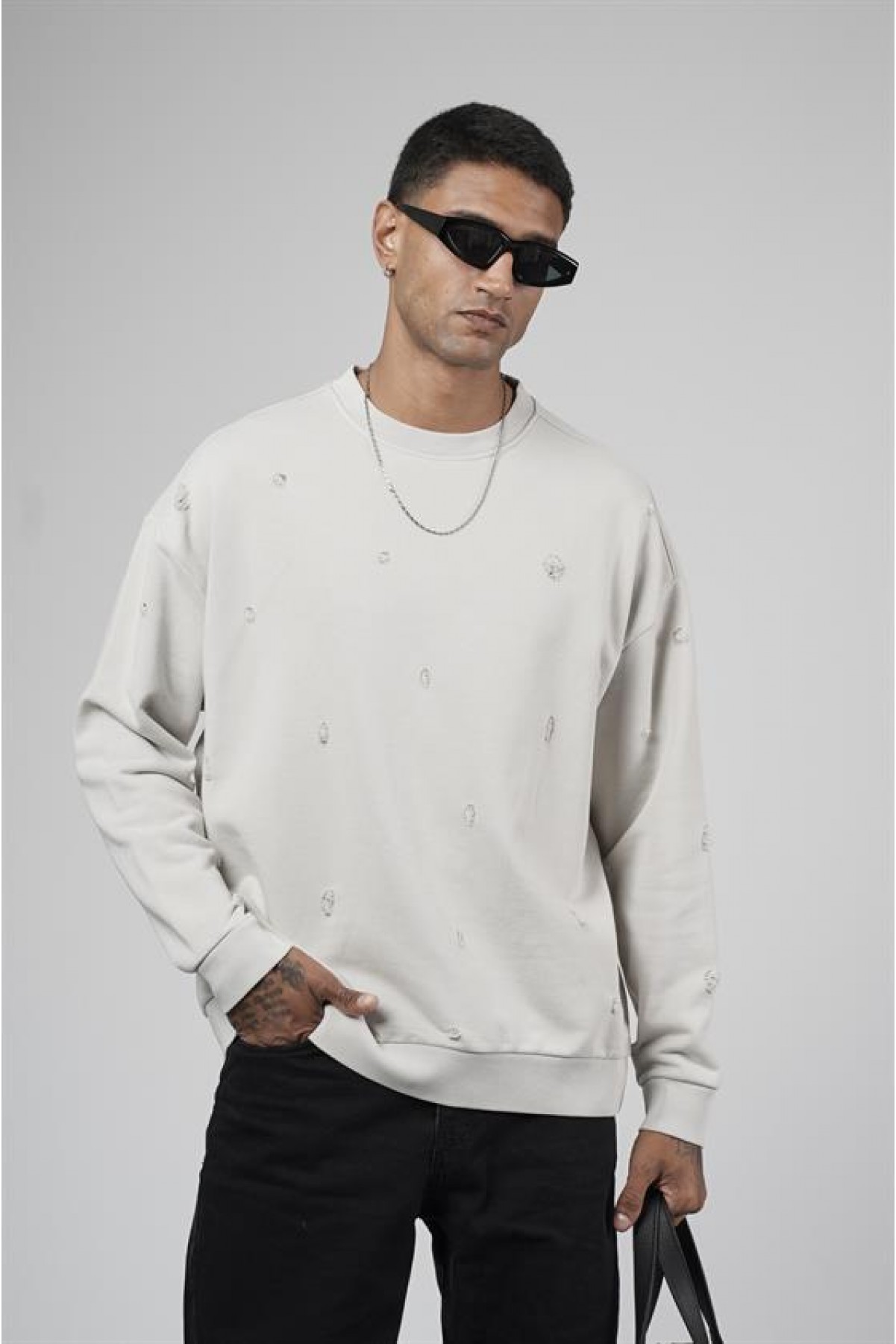 Bisiklet Yaka Lazerli Oversize Kalıp Erkek Sweatshirt S