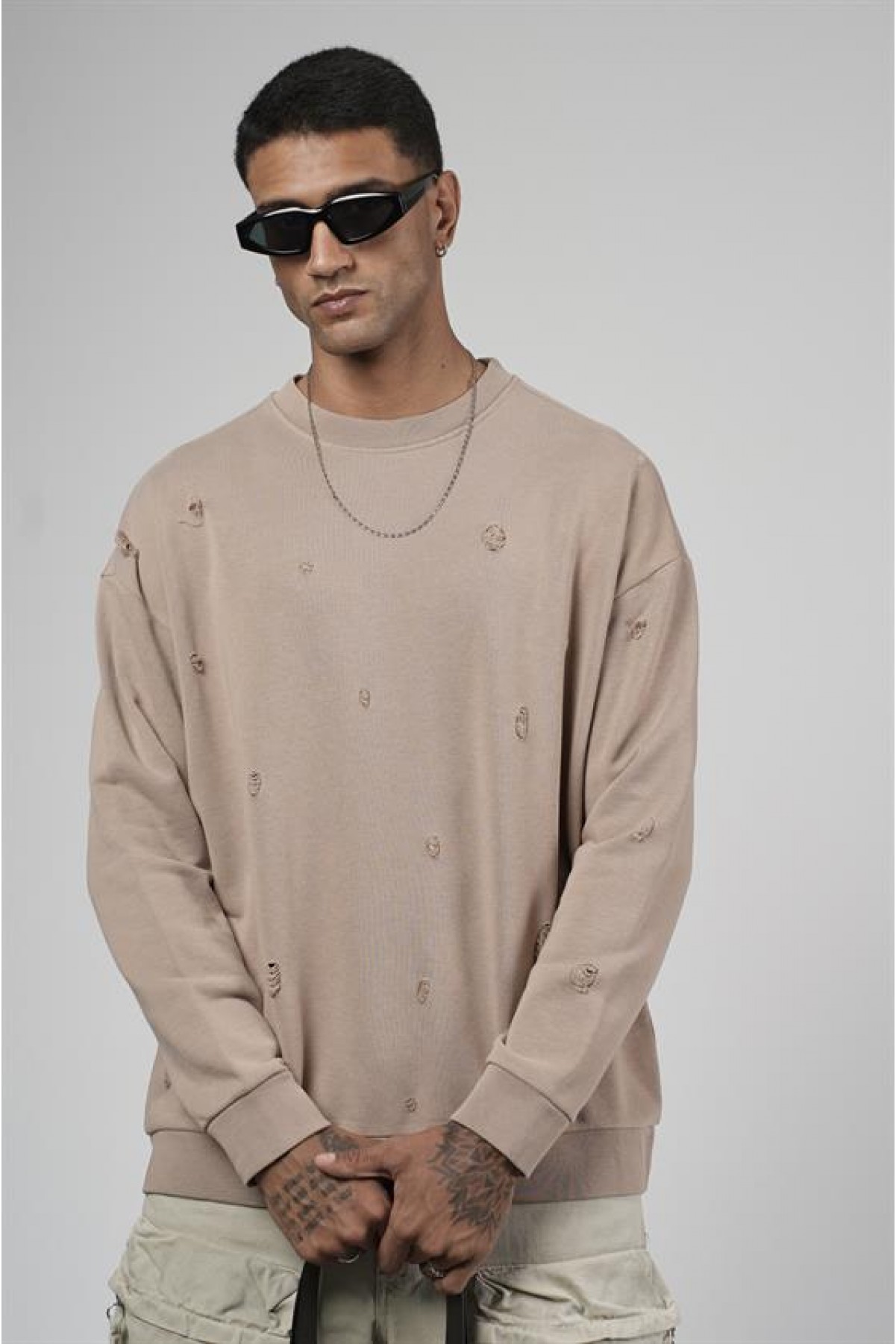 Bisiklet Yaka Lazerli Oversize Kalıp Erkek Sweatshirt S