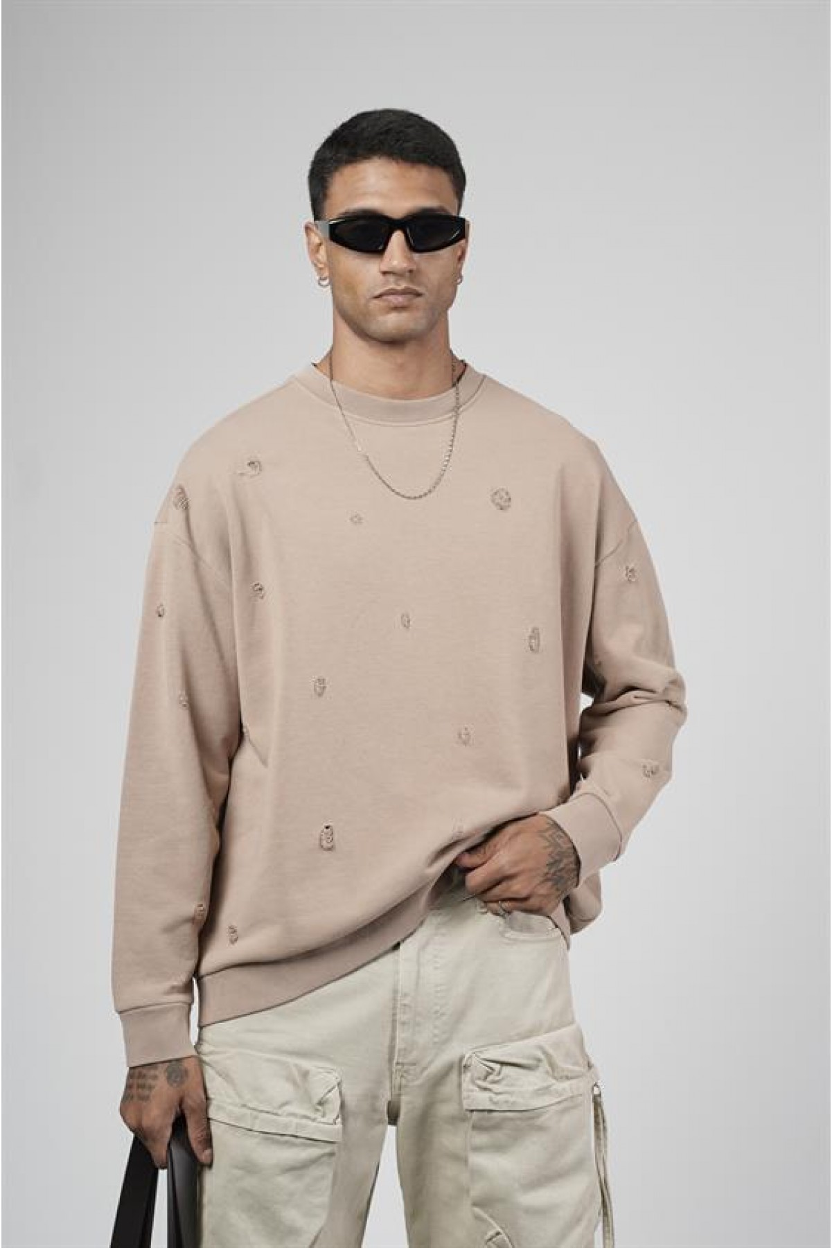 Bisiklet Yaka Lazerli Oversize Kalıp Erkek Sweatshirt S