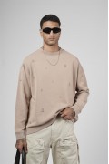 Bisiklet Yaka Lazerli Oversize Kalıp Erkek Sweatshirt S