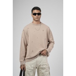 Bisiklet Yaka Lazerli Oversize Kalıp Erkek Sweatshirt S