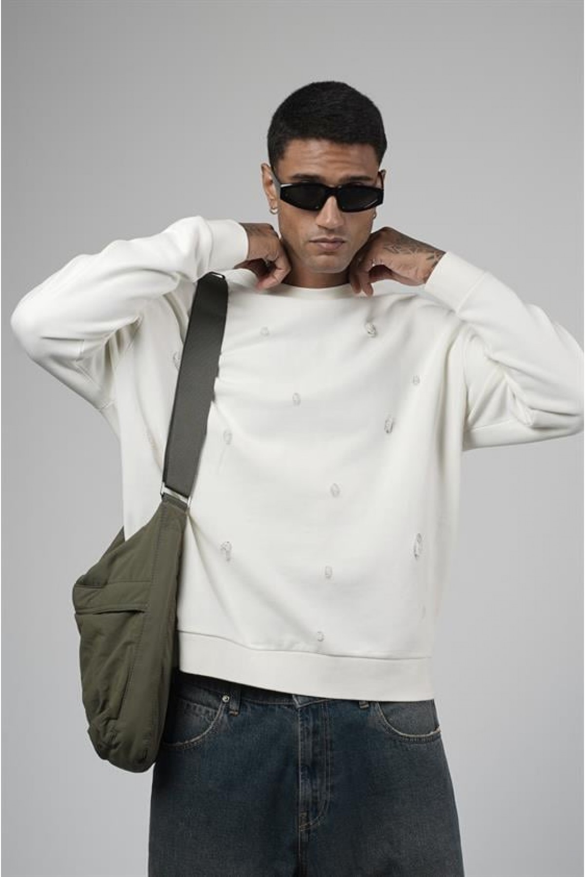 Bisiklet Yaka Lazerli Oversize Kalıp Erkek Sweatshirt S