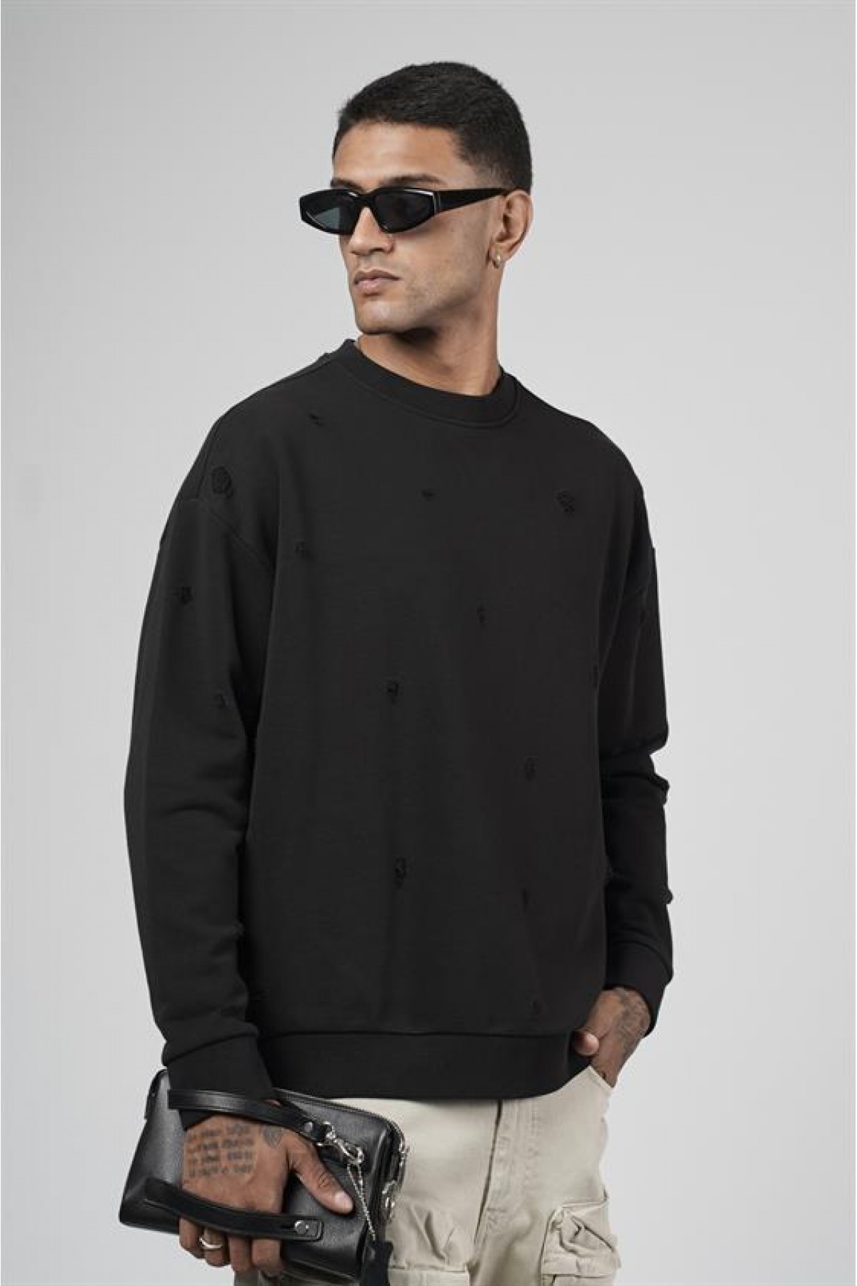 Bisiklet Yaka Lazerli Oversize Kalıp Erkek Sweatshirt S