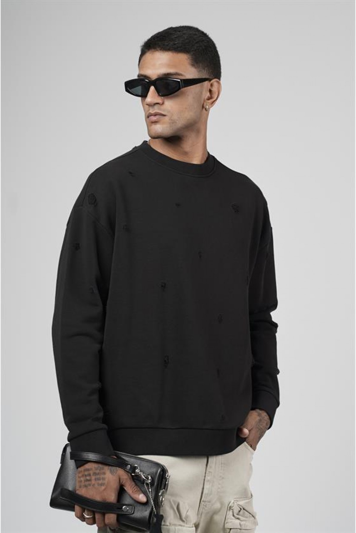 Bisiklet Yaka Lazerli Oversize Kalıp Erkek Sweatshirt S