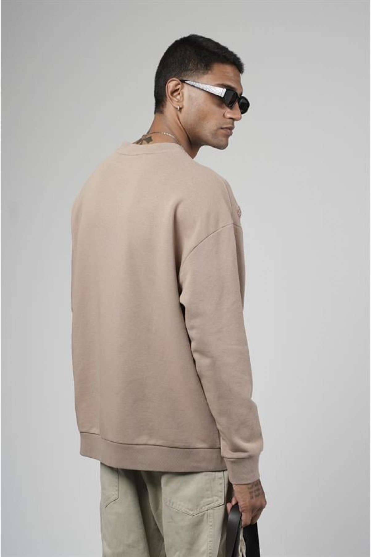 Bisiklet Yaka Lazerli Oversize Kalıp Erkek Sweatshirt S