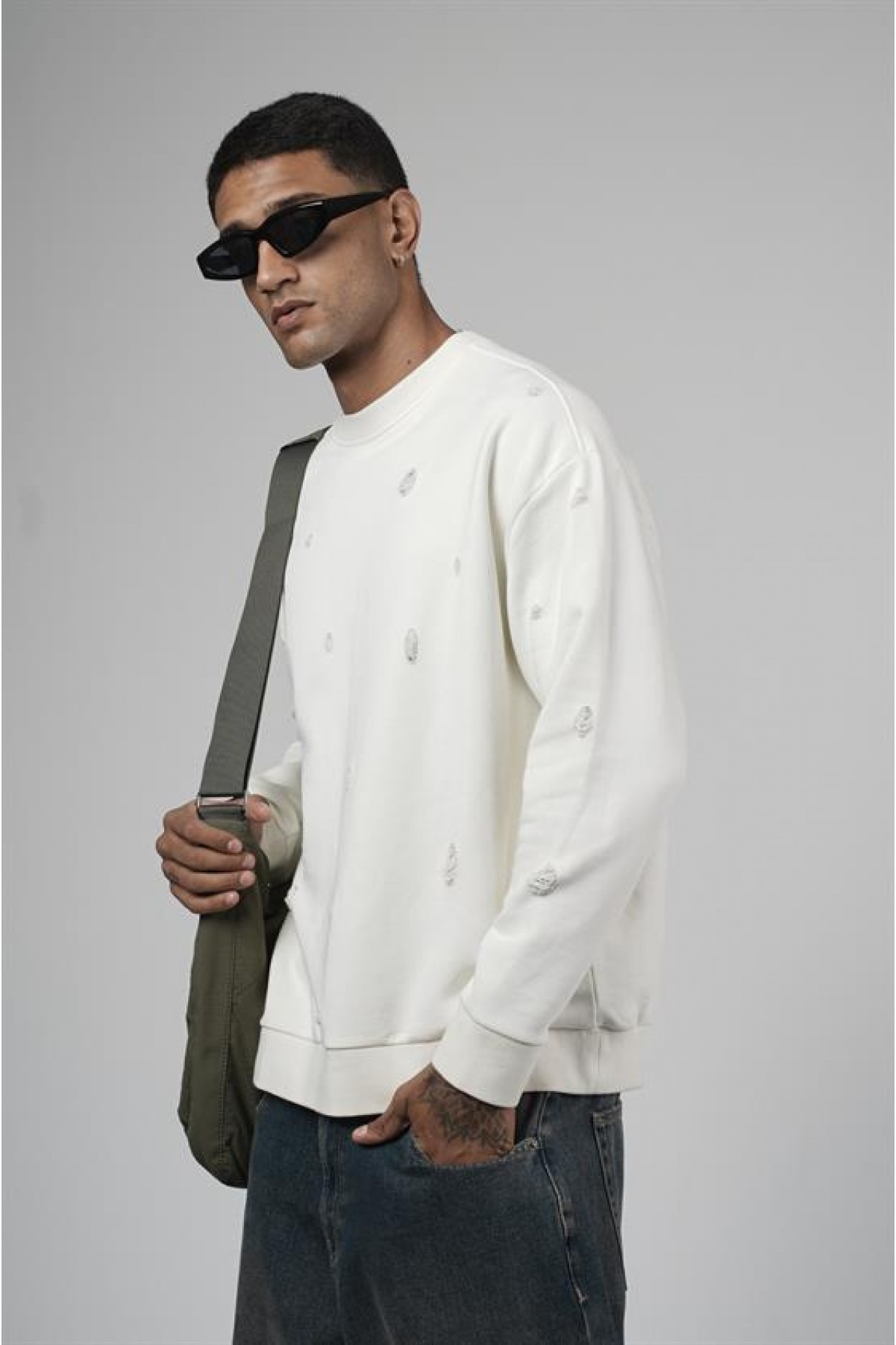 Bisiklet Yaka Lazerli Oversize Kalıp Erkek Sweatshirt S