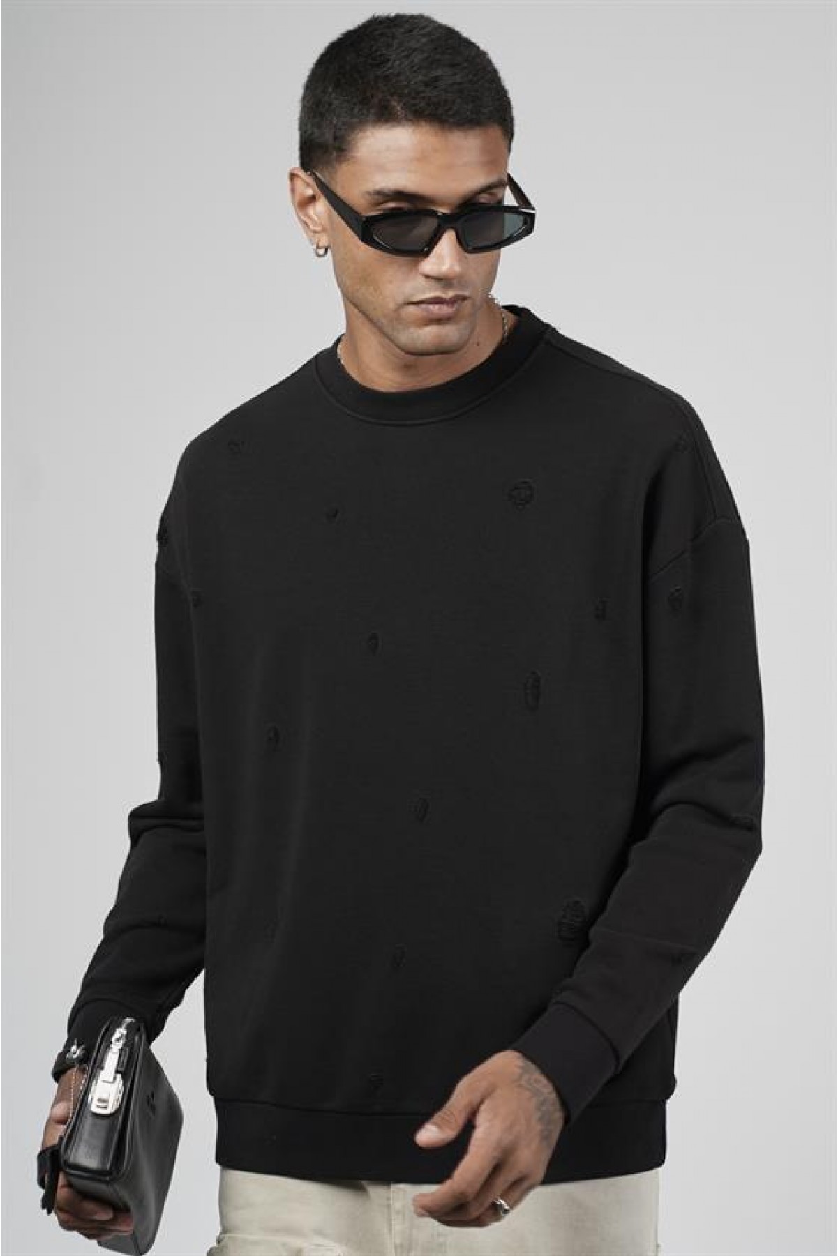 Bisiklet Yaka Lazerli Oversize Kalıp Erkek Sweatshirt S