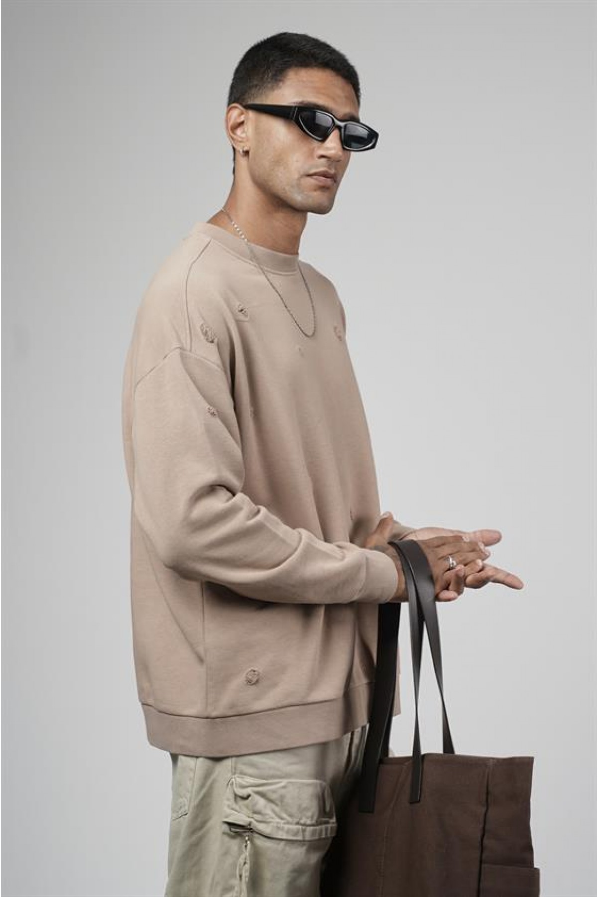 Bisiklet Yaka Lazerli Oversize Kalıp Erkek Sweatshirt S
