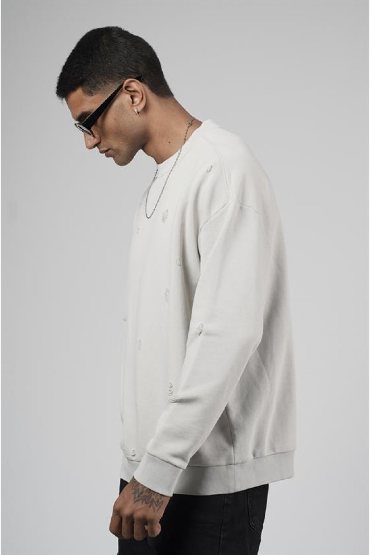 Bisiklet Yaka Lazerli Oversize Kalıp Erkek Sweatshirt S