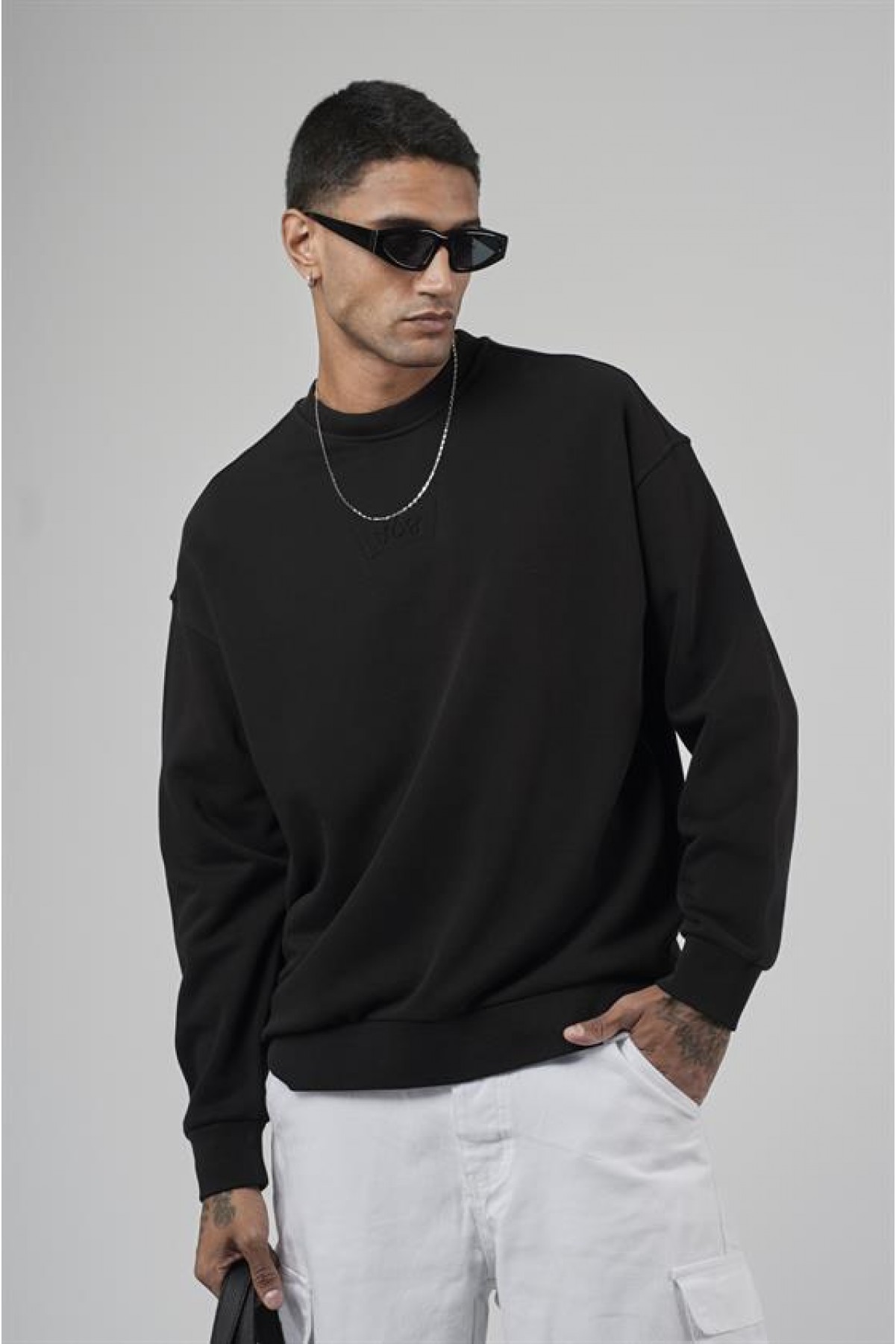 Bisiklet Yaka Logolu Oversize Kalıp Erkek Sweatshirt S