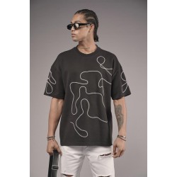 Bisiklet Yaka Nakış Detaylı Oversize Kalıp Unisex Tişört S