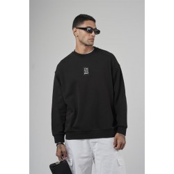 Bisiklet Yaka Önü Etiket Detaylı Oversize Basic Erkek Sweatshirt S