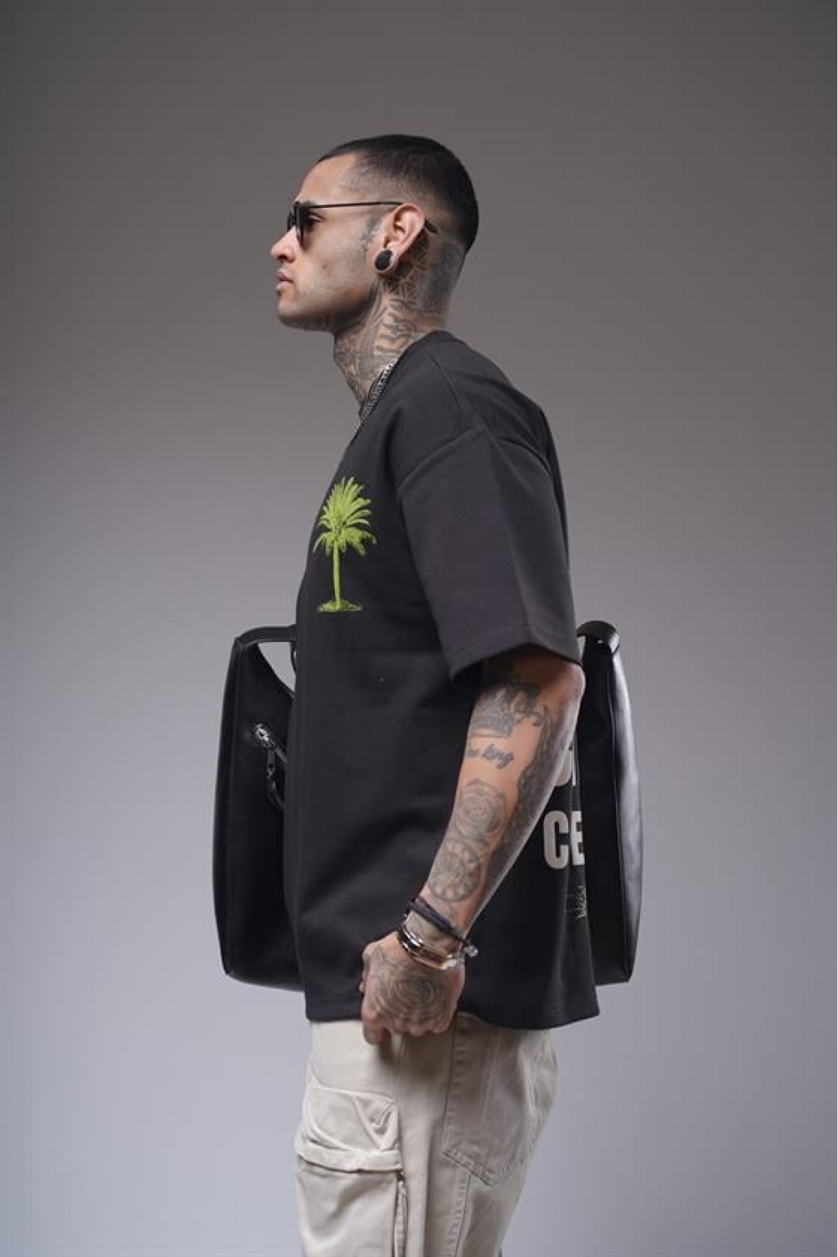 Bisiklet Yaka Palmiye Ağaç Baskılı Unisex Oversize Kalıp Tişört S