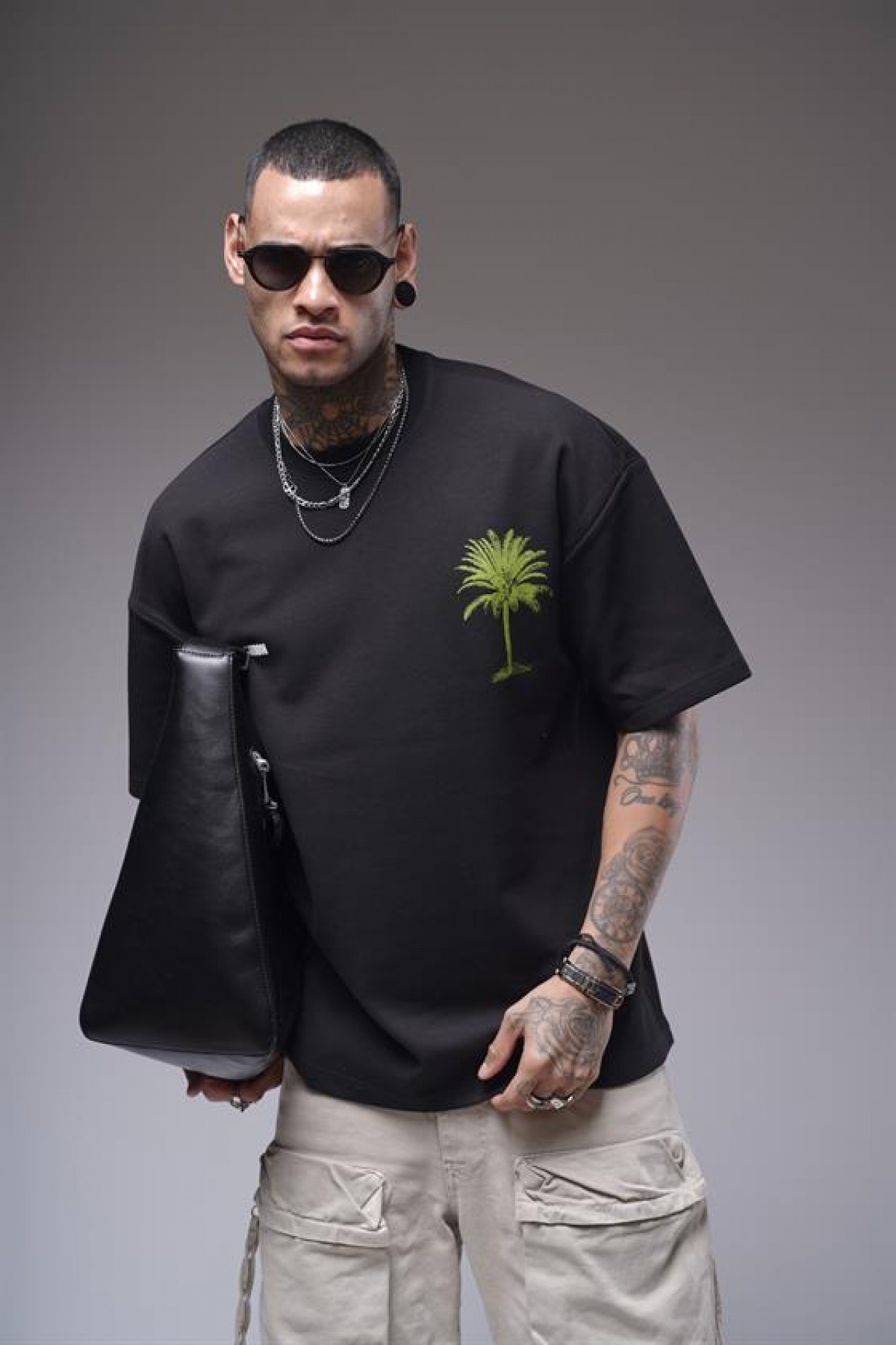 Bisiklet Yaka Palmiye Ağaç Baskılı Unisex Oversize Kalıp Tişört S